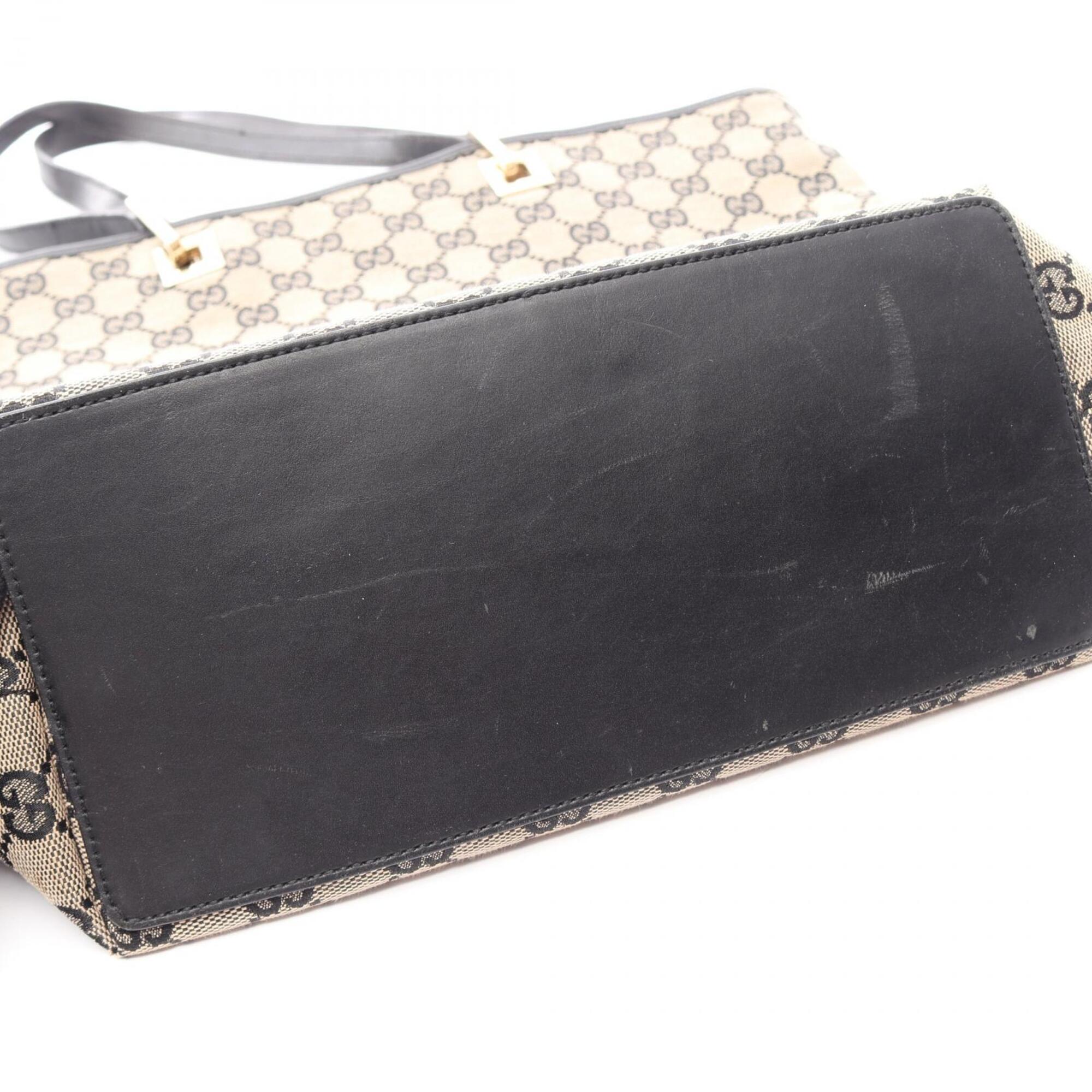Gucci Beige Black Canvas Leather Handbag Tote Bag (Pre-Owned)