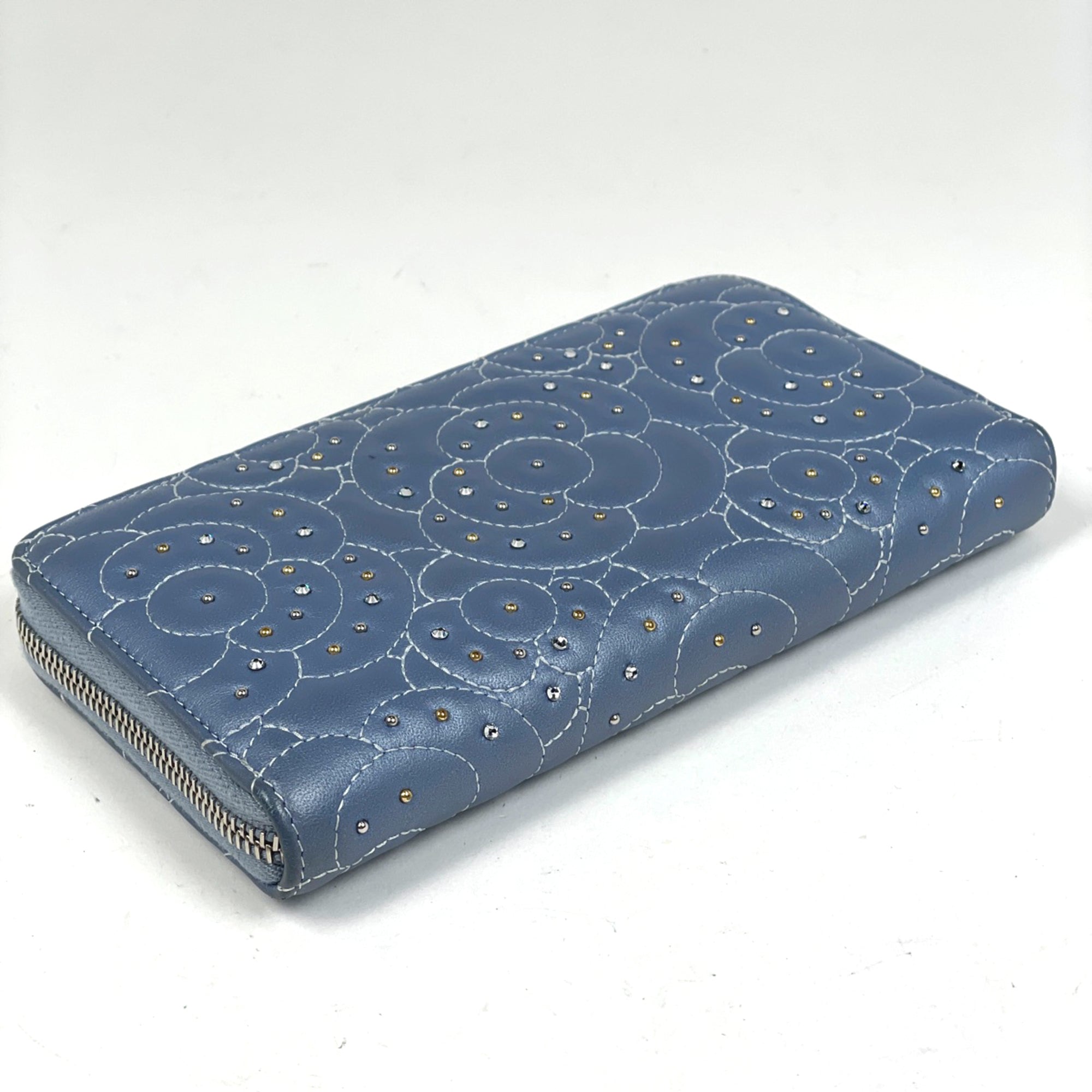 Chanel Camellia Blue Leather Rhinestone Long Wallet (Bi-Fold) (Pre-Owned)