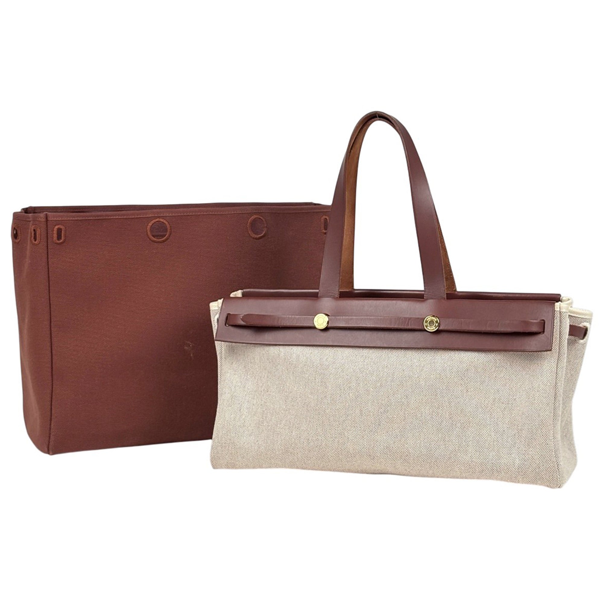 Hermes Brown Natural Toile H Leather Shoulder Bag Tote Bag (Pre-Owned)