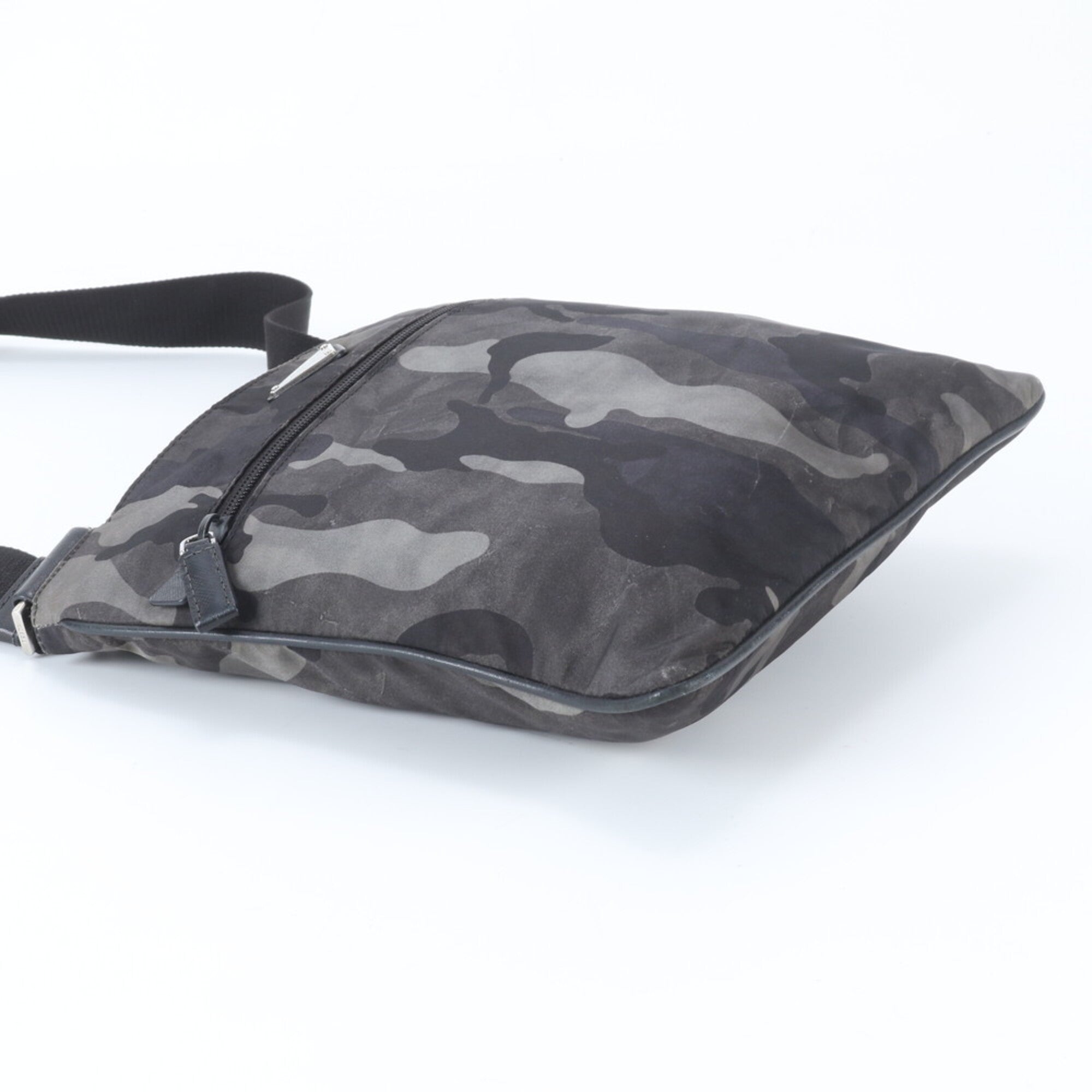 Prada Saffiano Black Gray Nylon Leather Shoulder Bag (Pre-Owned)