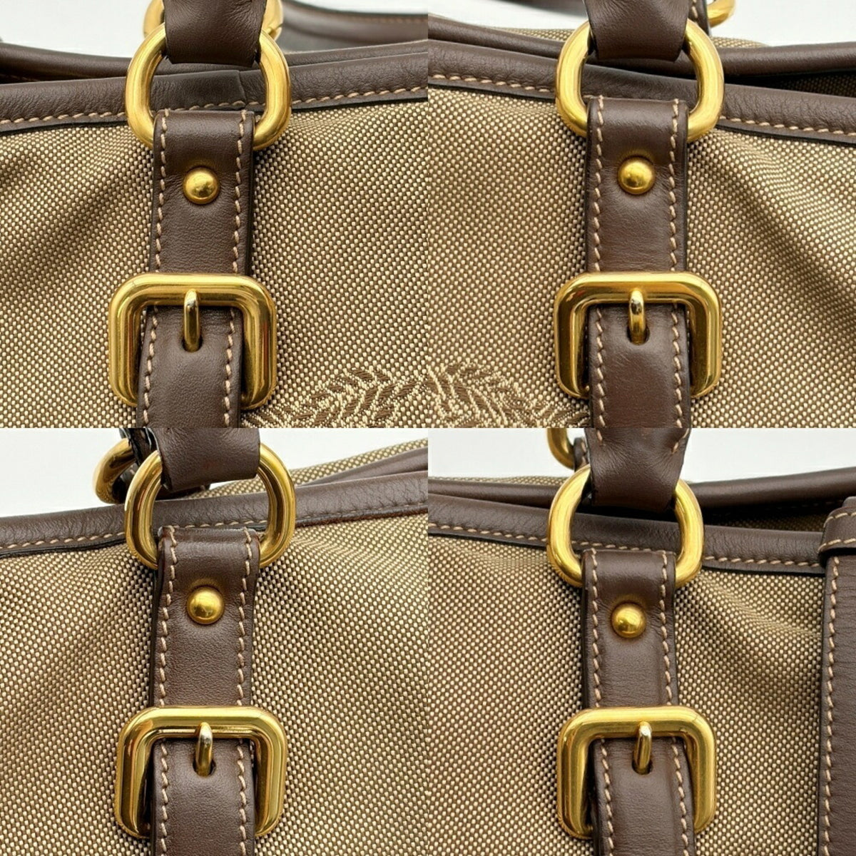 Prada Beige Dark Brown Canvas Leather Tote Bag (Pre-Owned)