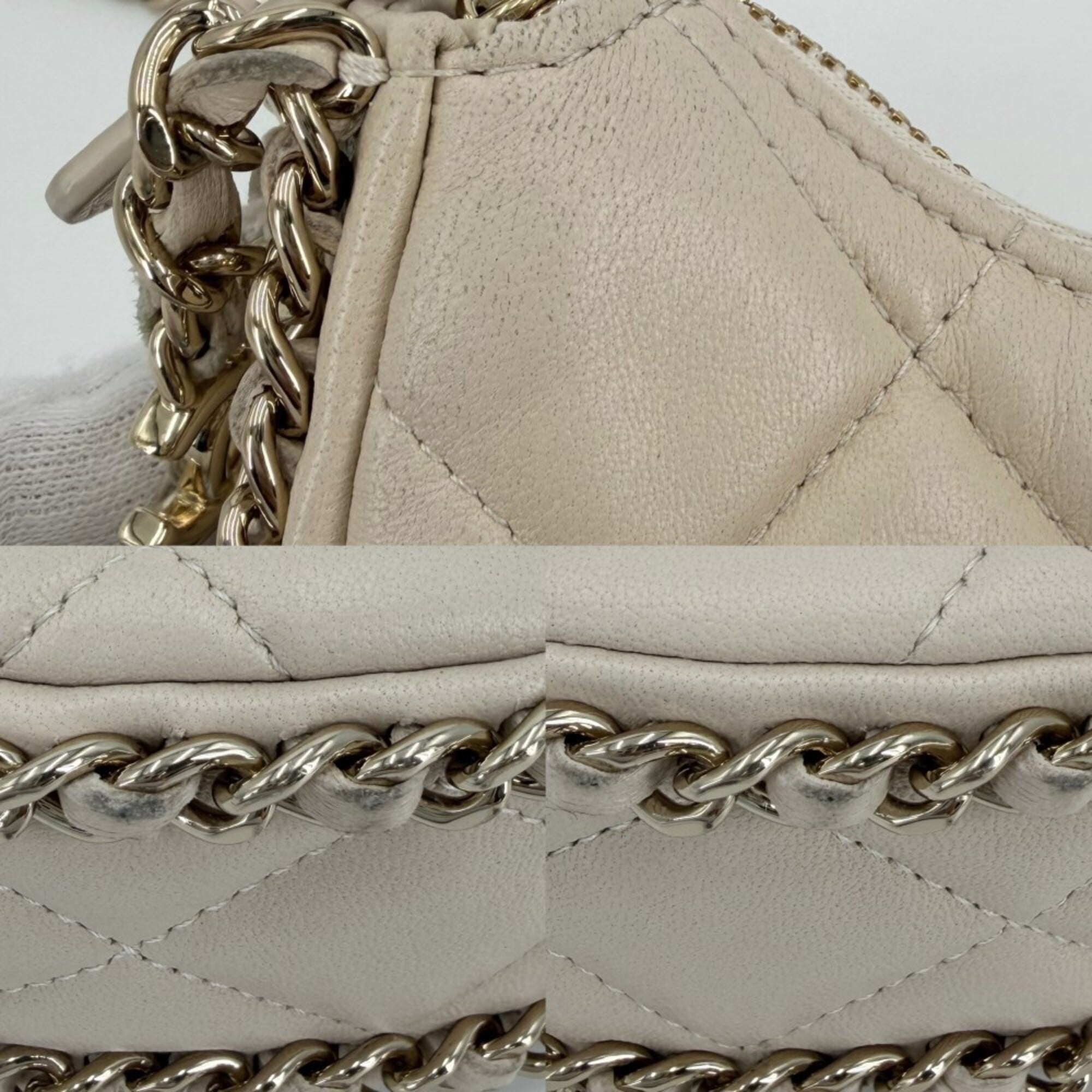 Chanel Beige Beige Gold White Leather Pochette Shoulder Bag (Pre-Owned)