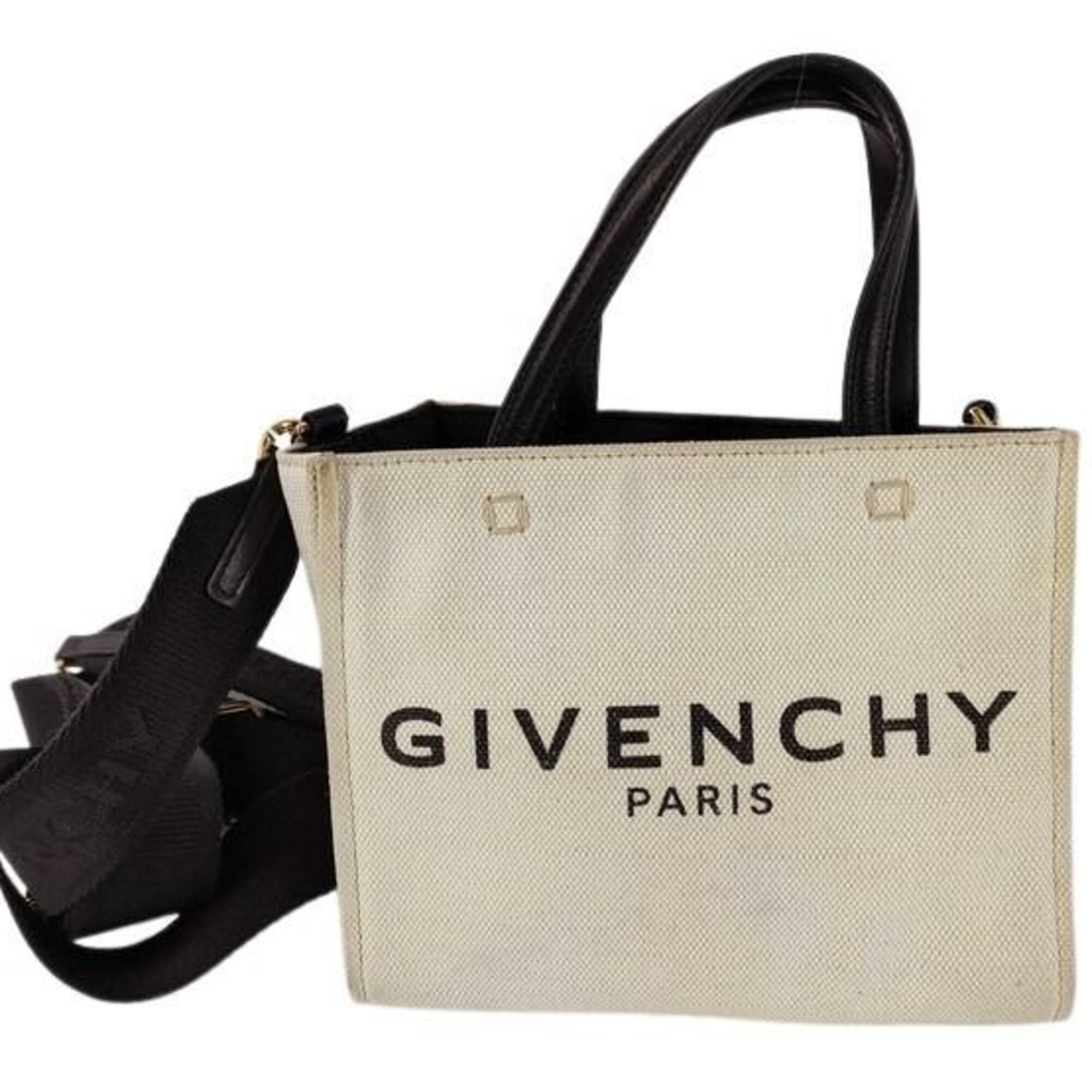 Givenchy Beige Black Canvas Leather Handbag Shoulder Bag Tote Bag (Pre-Owned)