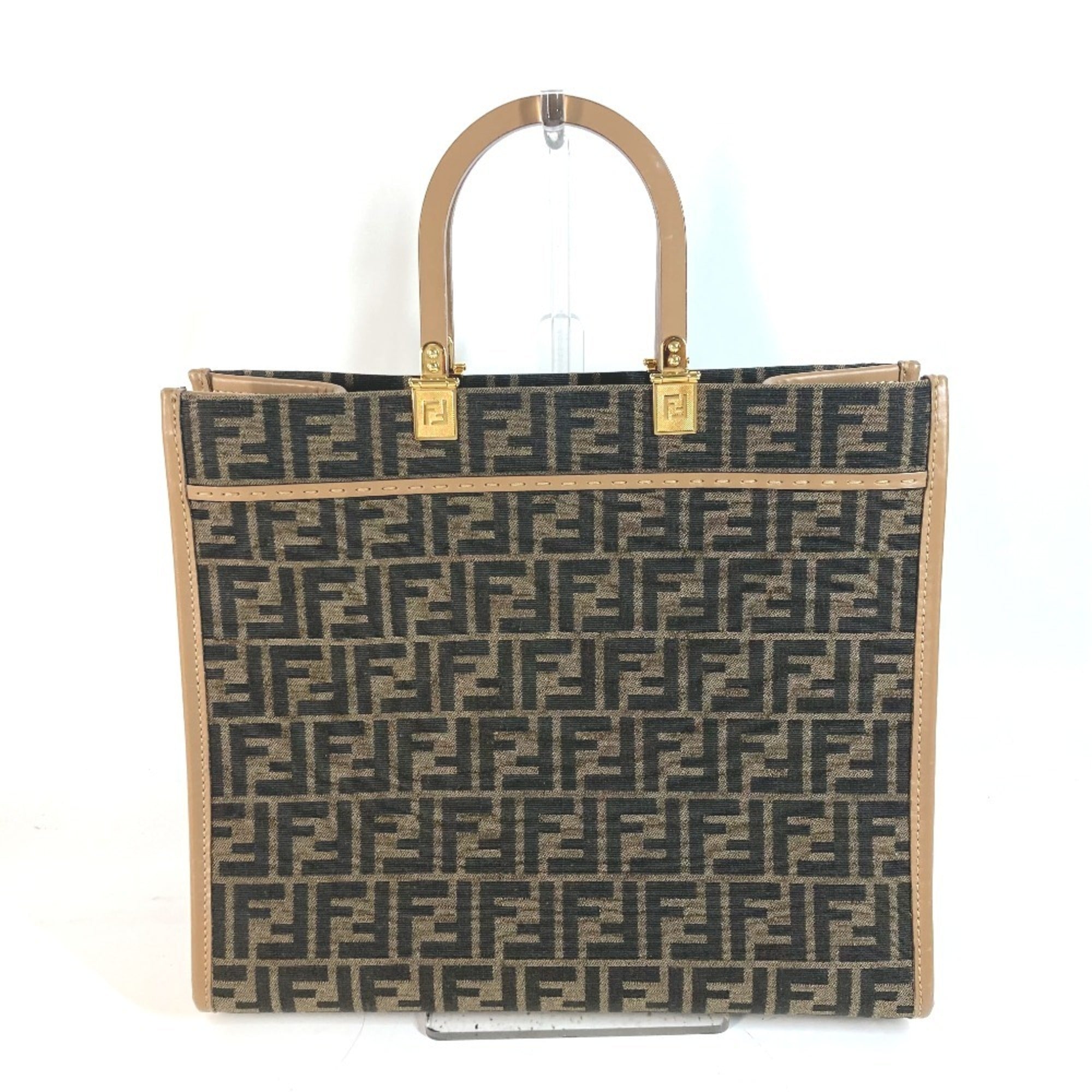 Fendi Brown Leather Canvas Handbag Shoulder Bag (Pre-Owned)