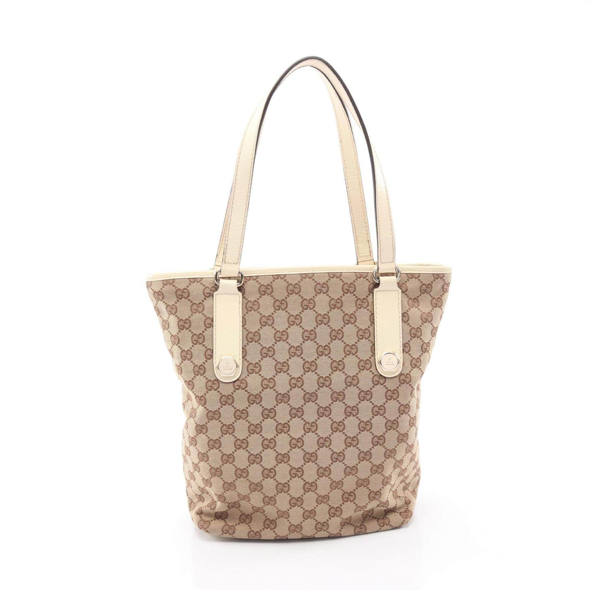 Gucci Beige White Canvas Leather Handbag Tote Bag (Pre-Owned)