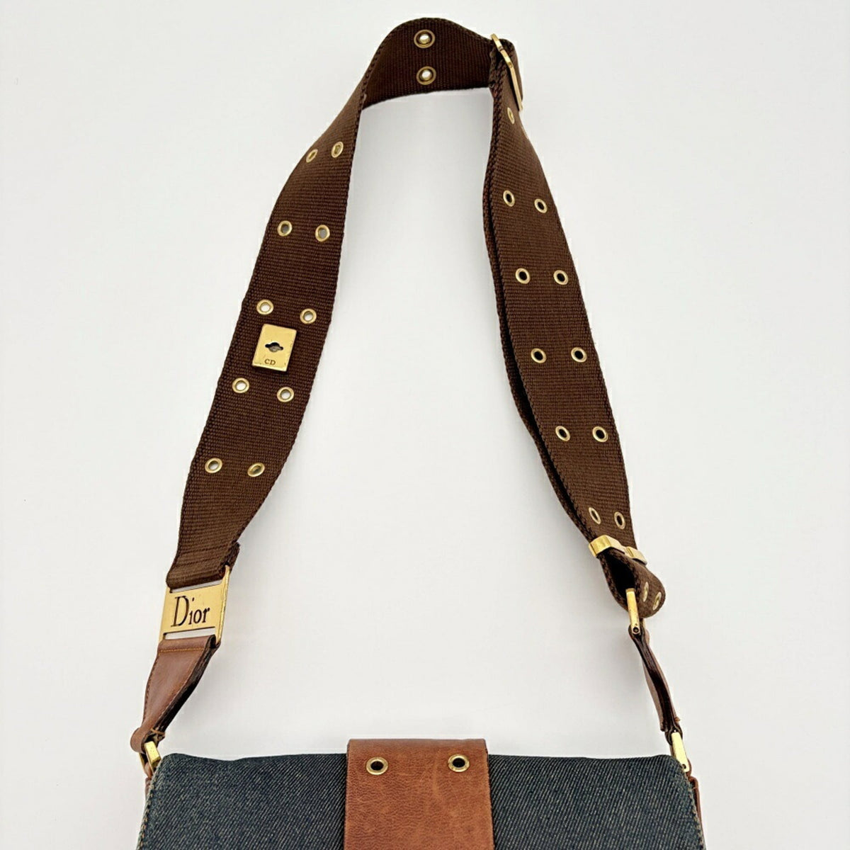 Christian Dior Brown Navy Denim Leather Shoulder Bag (Pre-Owned)