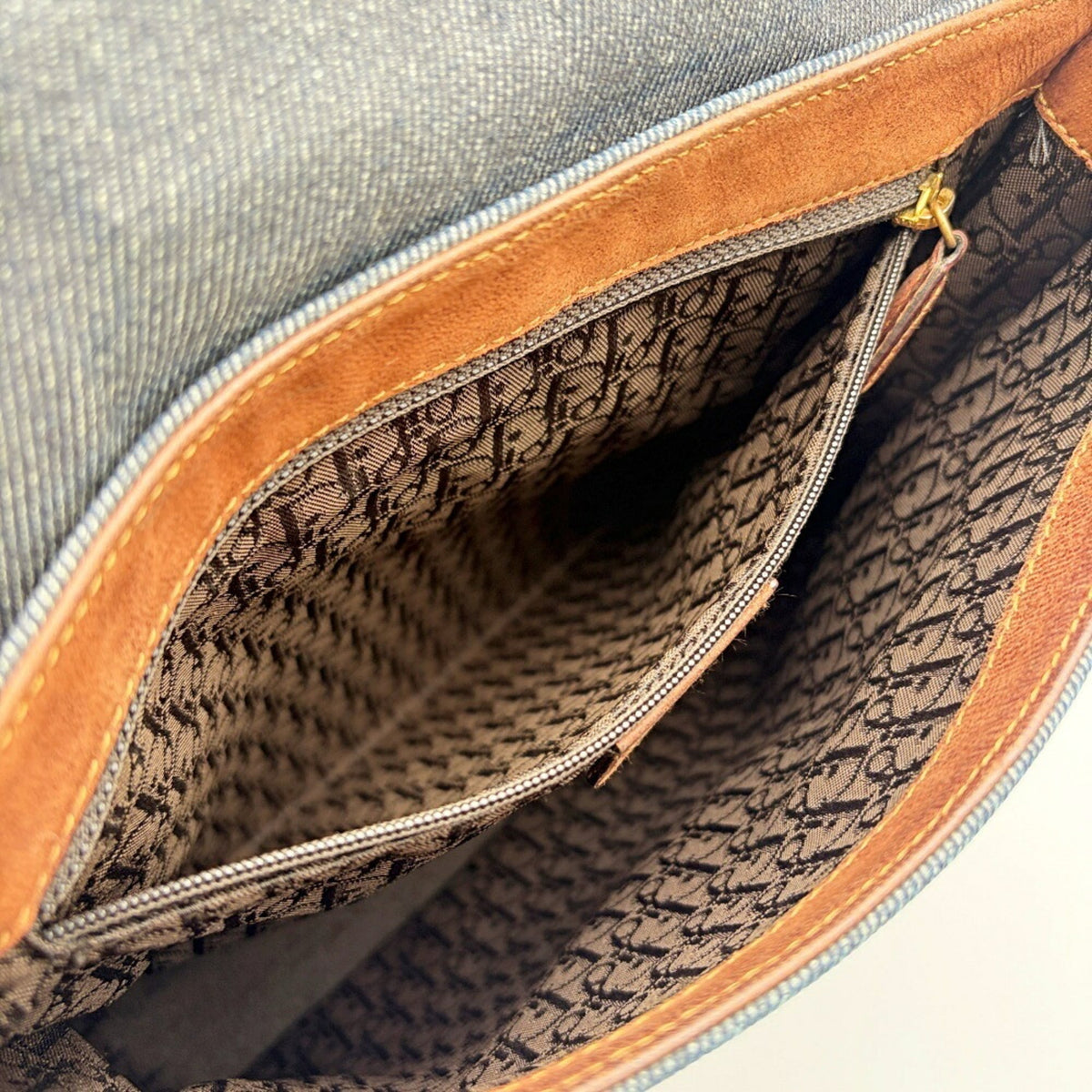 Christian Dior Brown Navy Denim Leather Shoulder Bag (Pre-Owned)