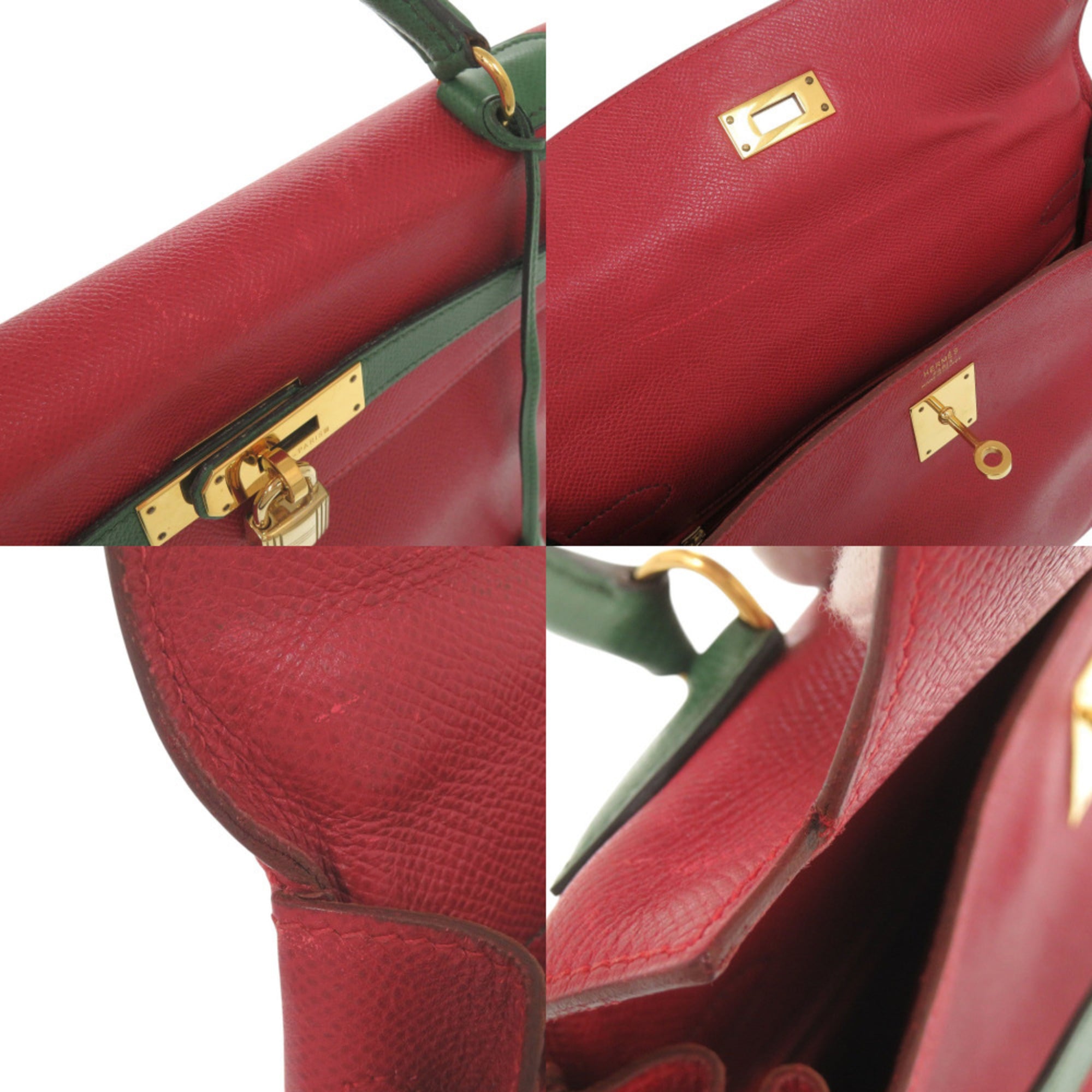 Hermes Rouge Vif Vert Courchevel Leather Handbag (Pre-Owned)
