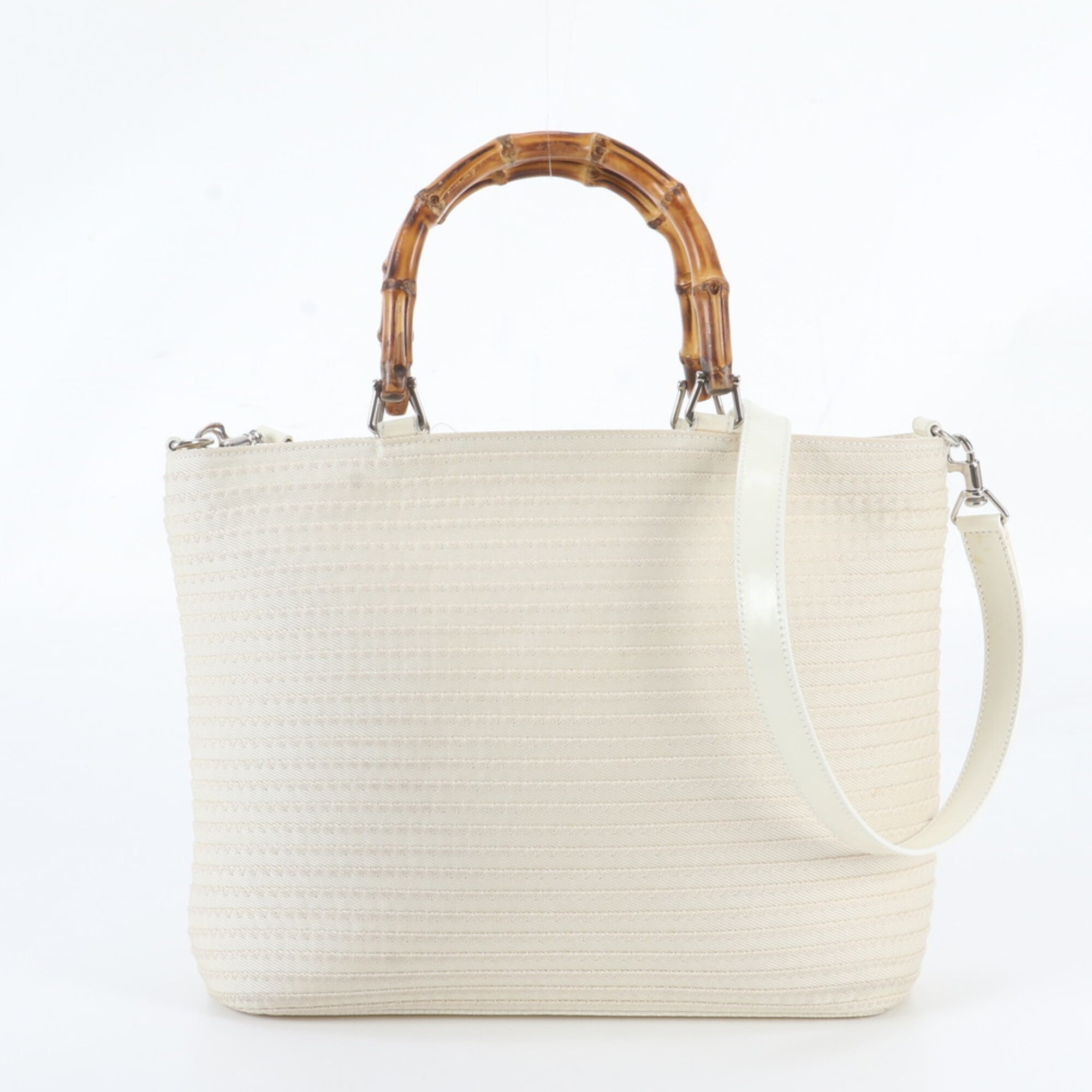 Gucci White Leather Canvas Handbag Shoulder Bag Tote Bag (Pre-Owned)