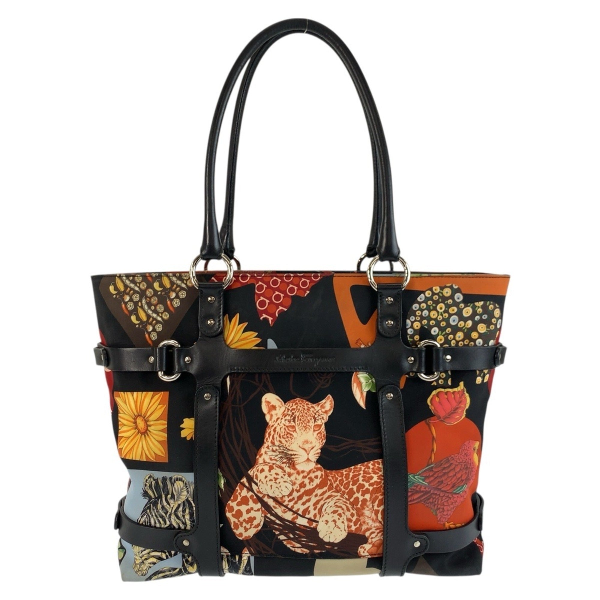 Salvatore Ferragamo Black Multi-Color Nylon Leather Shoulder Bag Tote Bag (Pre-Owned)