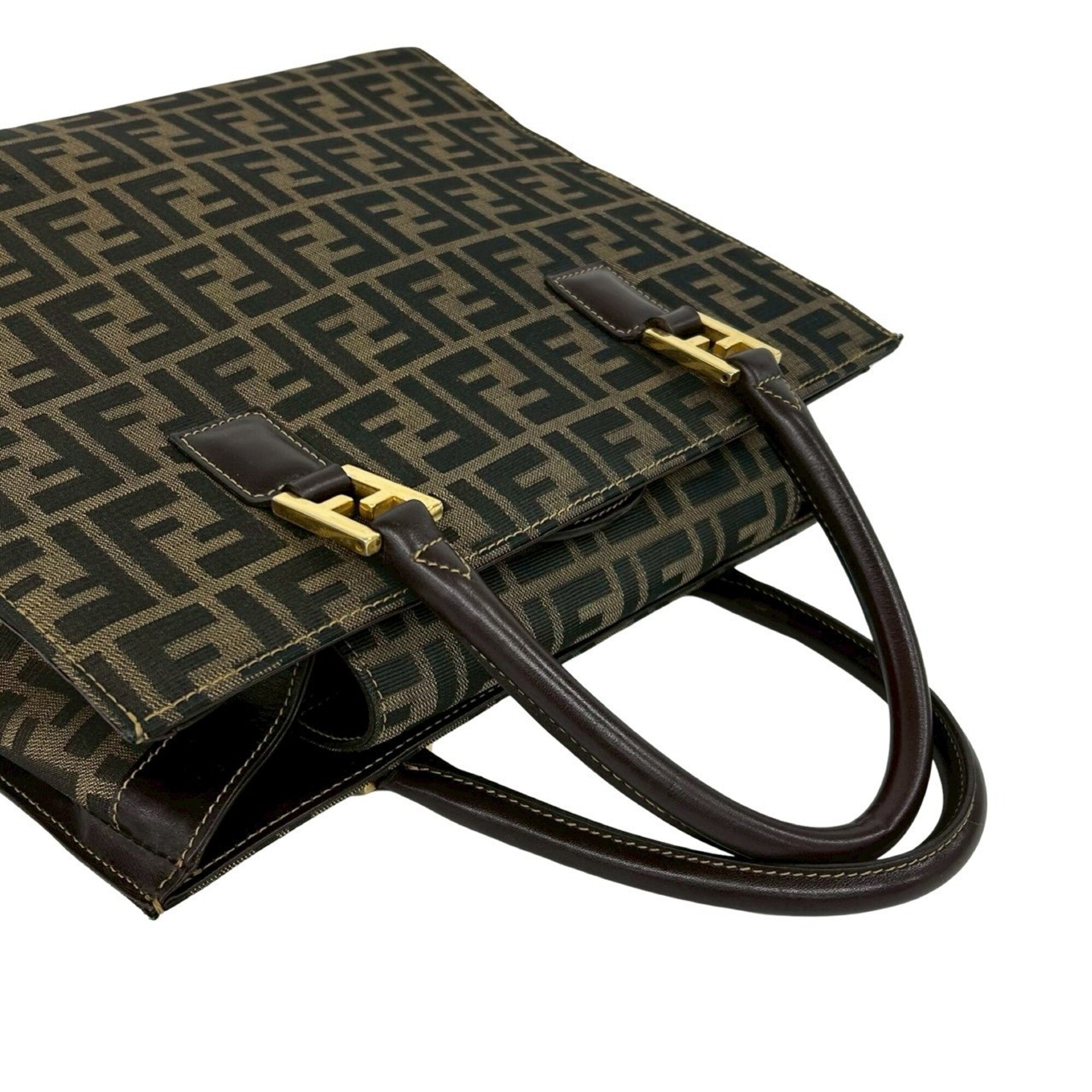Fendi Black Brown Khaki Canvas Leather Handbag Tote Bag (Pre-Owned)
