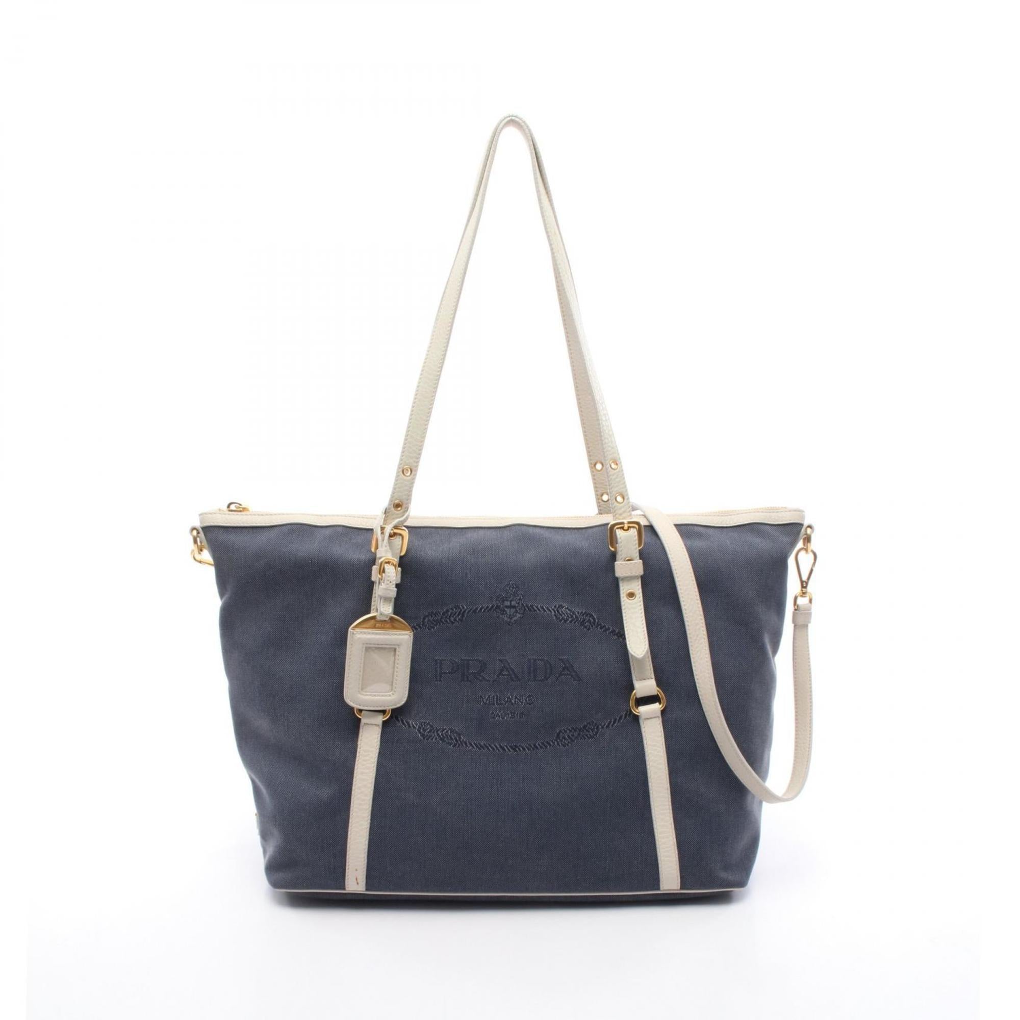 Prada Navy White Canvas Leather Tote Bag (Pre-Owned)