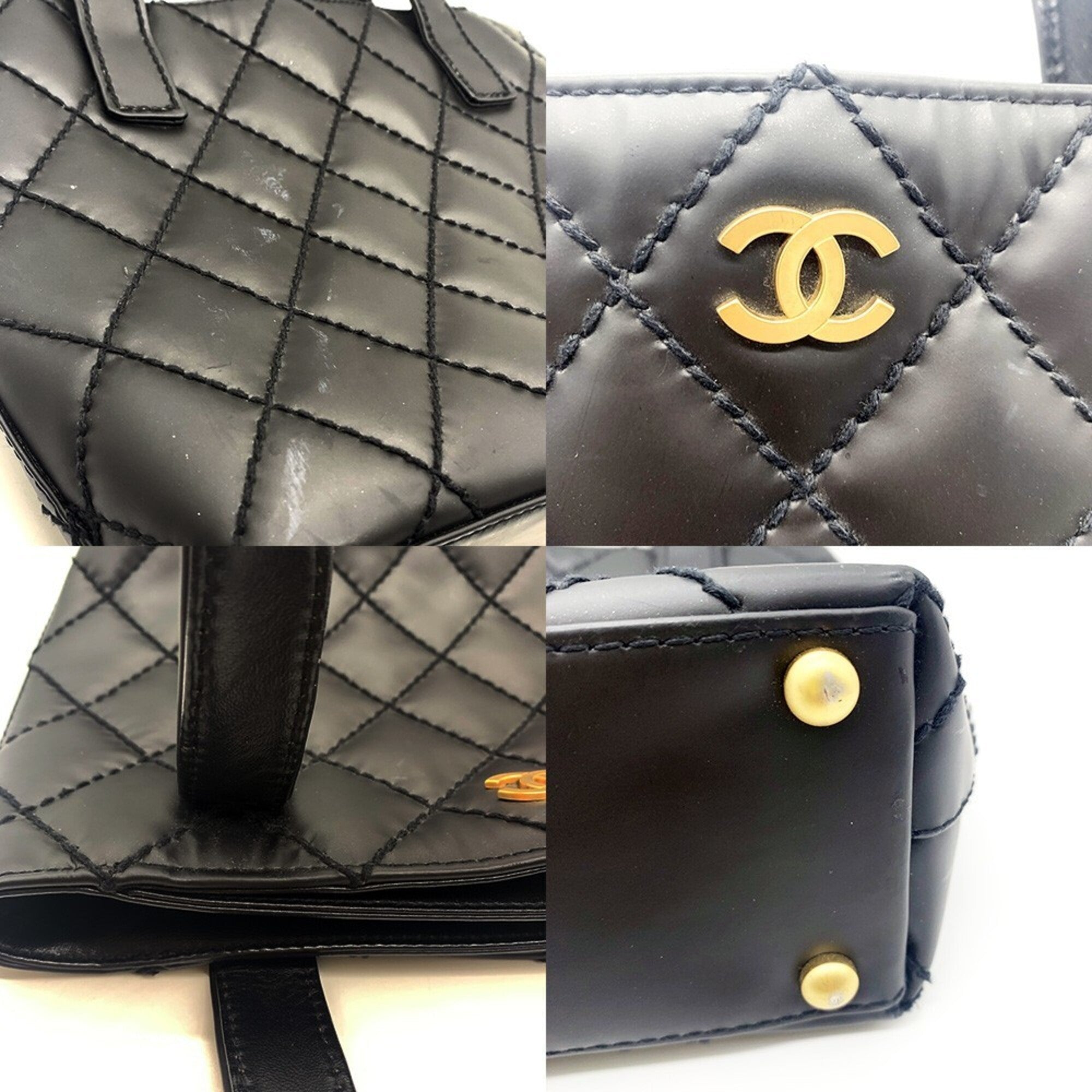 Chanel Wild Stitch Black Leather Handbag Tote Bag (Pre-Owned)