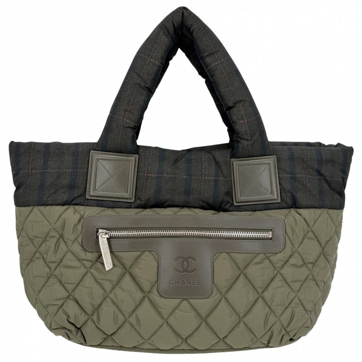 Chanel Green Khaki Leather Nylon Handbag Tote Bag (Pre-Owned)