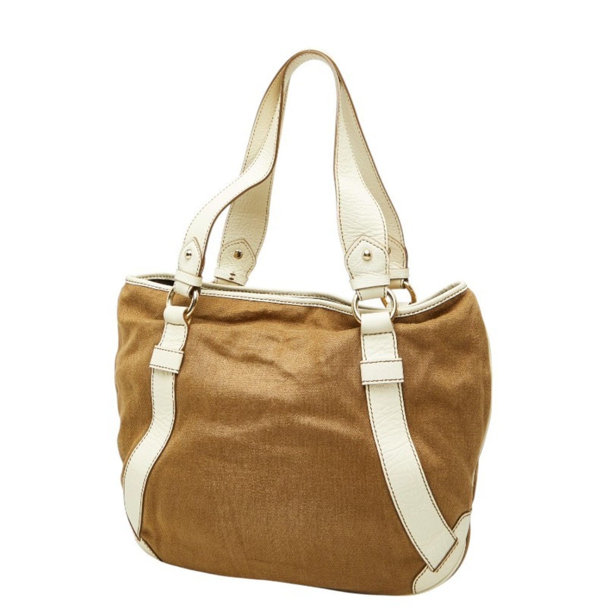 Celine Brown White Canvas Leather Handbag Shoulder Bag (Pre-Owned)
