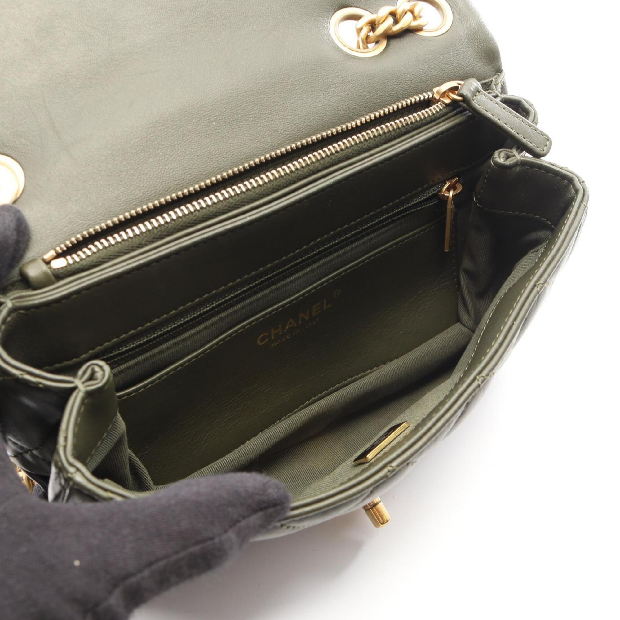 Chanel Khaki Leather Handbag Shoulder Bag (Pre-Owned)