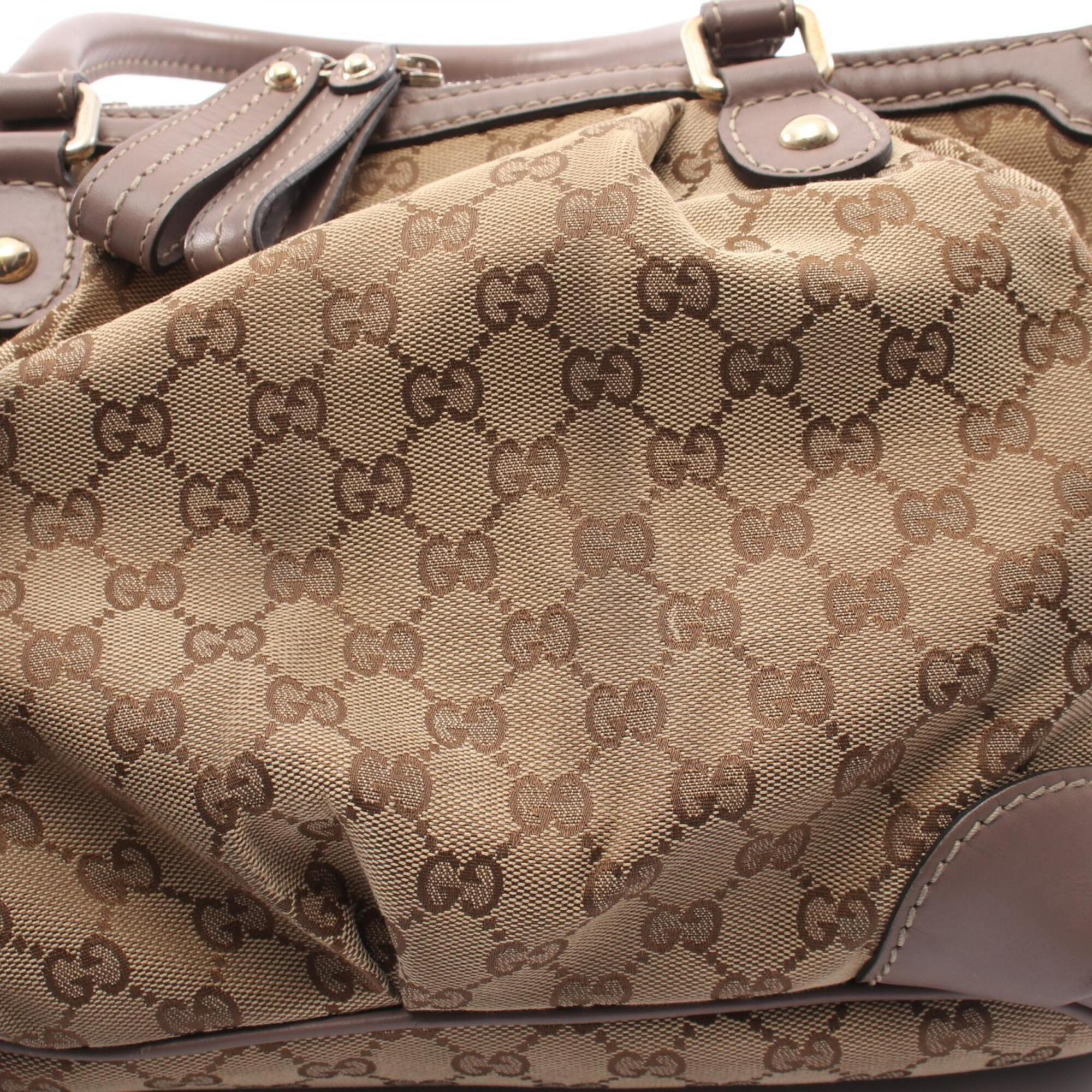 Gucci Beige Gray Canvas Leather Handbag (Pre-Owned)