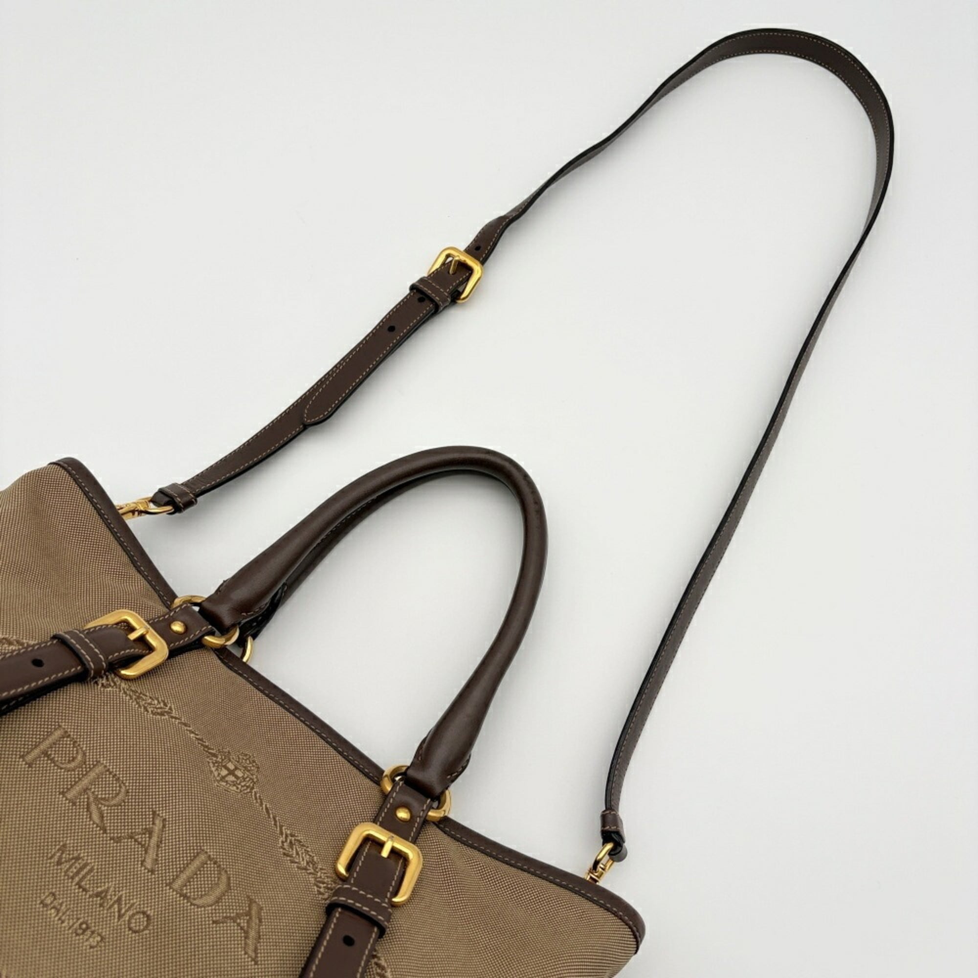 Prada Beige Dark Brown Canvas Leather Tote Bag (Pre-Owned)