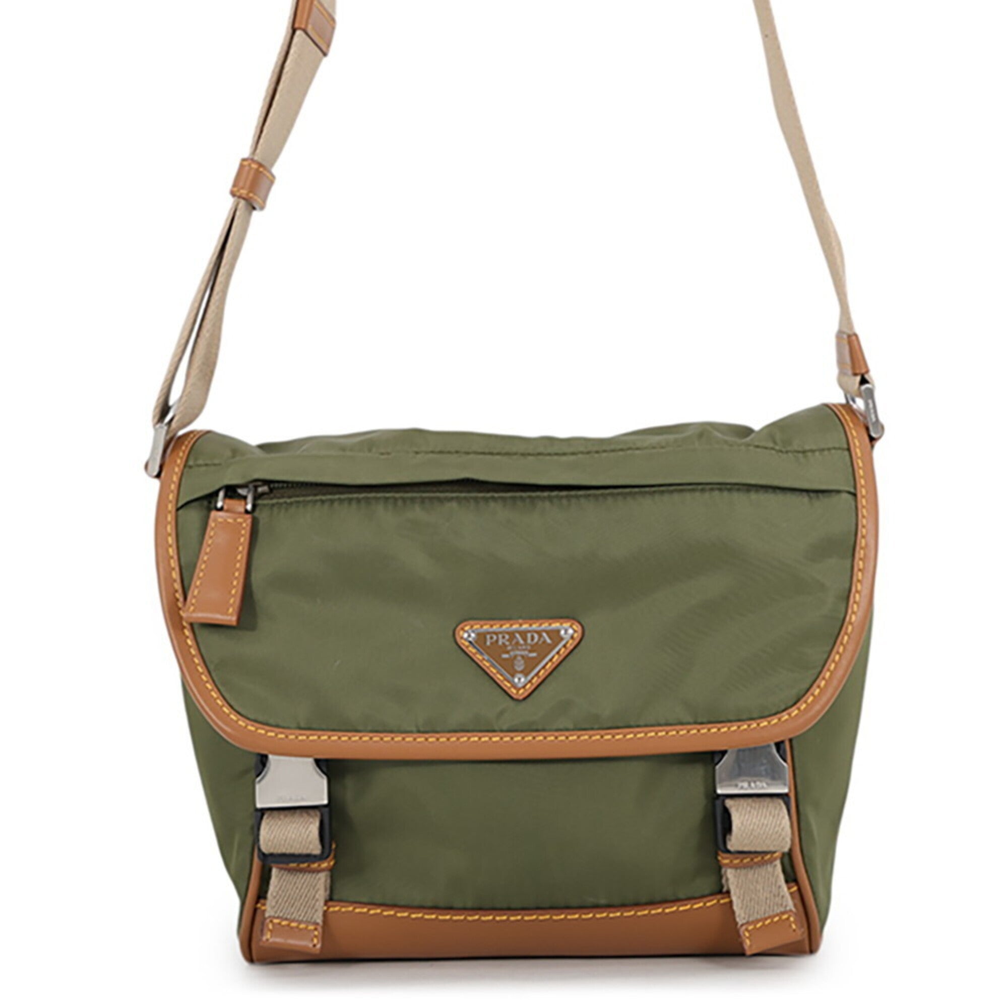 Prada Saffiano Green Nylon Leather Handbag Shoulder Bag (Pre-Owned)