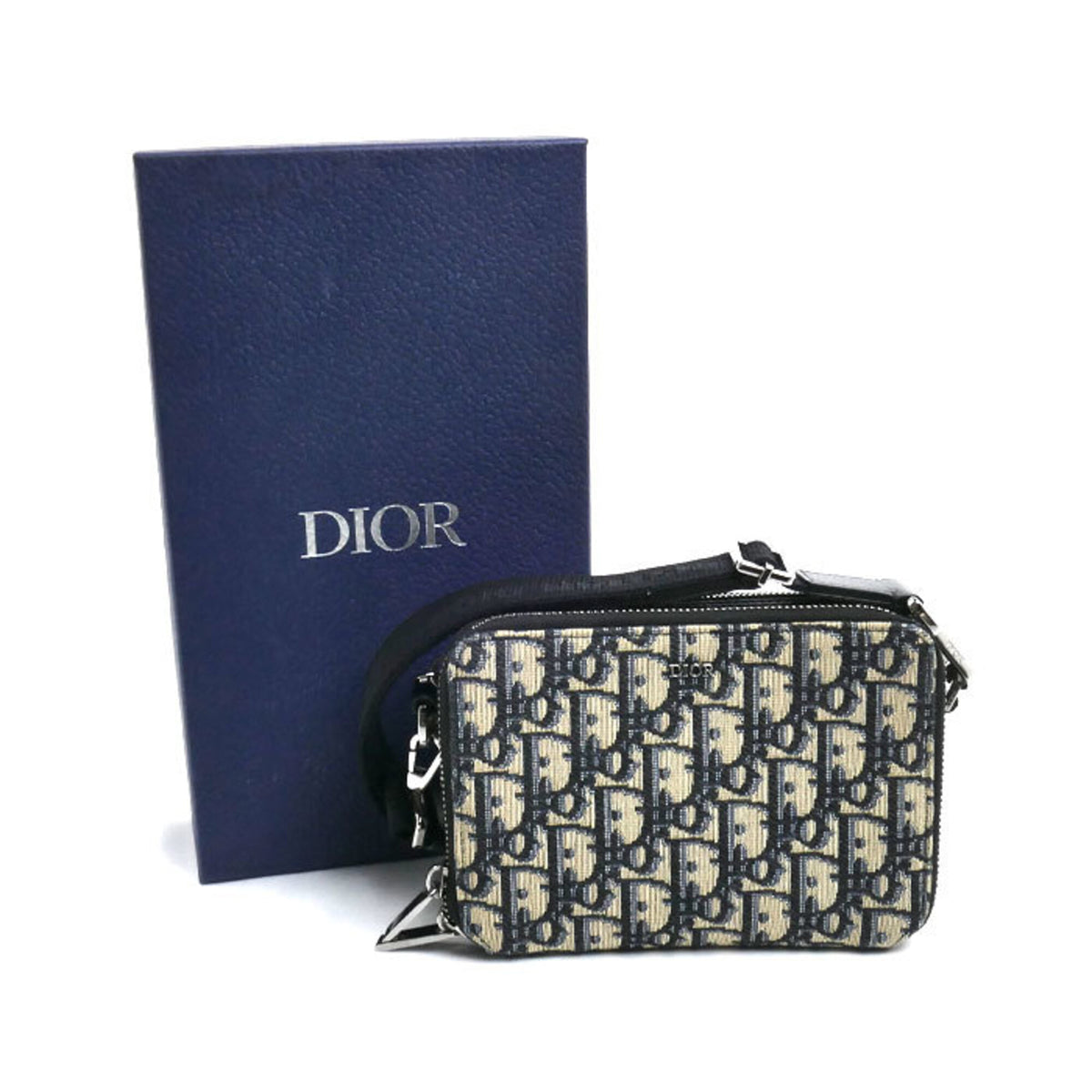Christian Dior Beige Navy Jacquard Shoulder Bag (Pre-Owned)