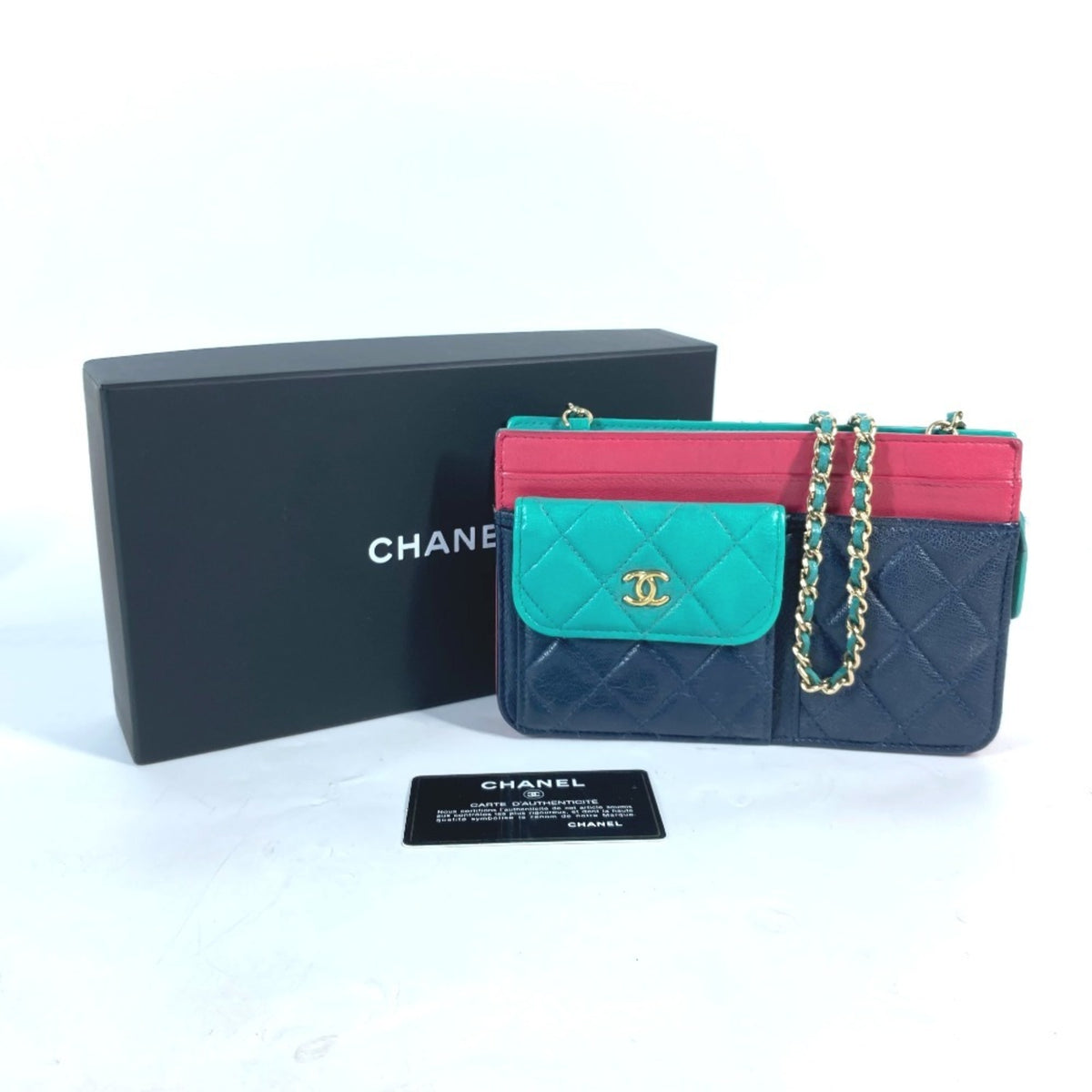Chanel Navy Pink Grained Calfskin Pochette Shoulder Bag (Pre-Owned)
