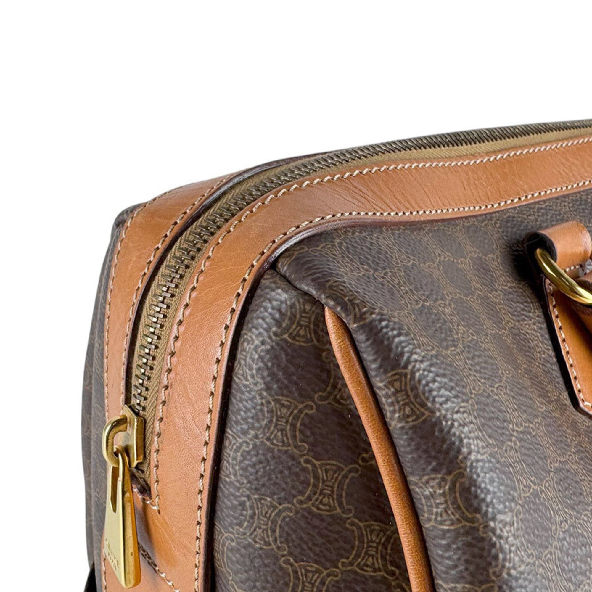 Celine Brown Coated Canvas Leather Boston Bag Handbag (Pre-Owned)