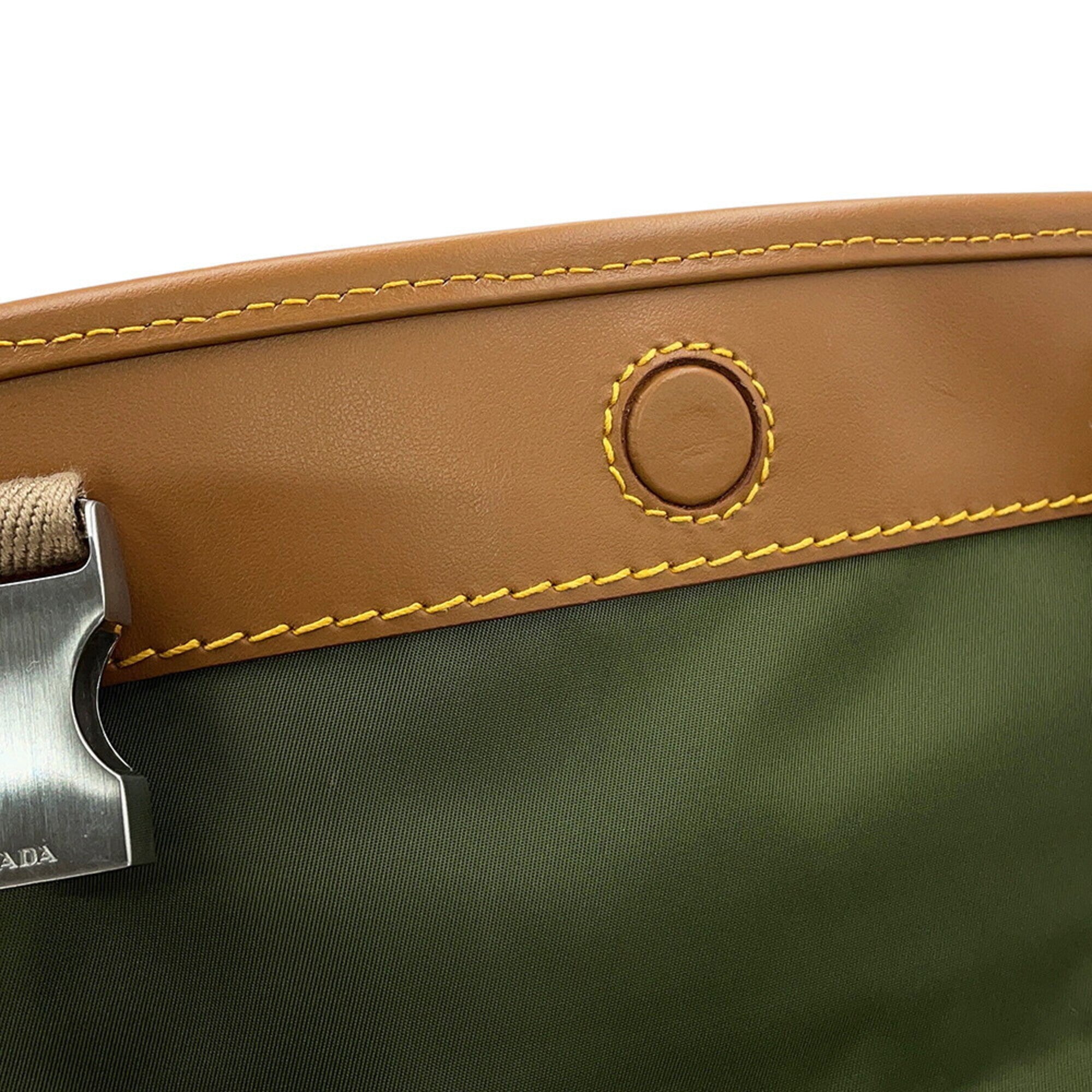 Prada Saffiano Green Nylon Leather Handbag Shoulder Bag (Pre-Owned)