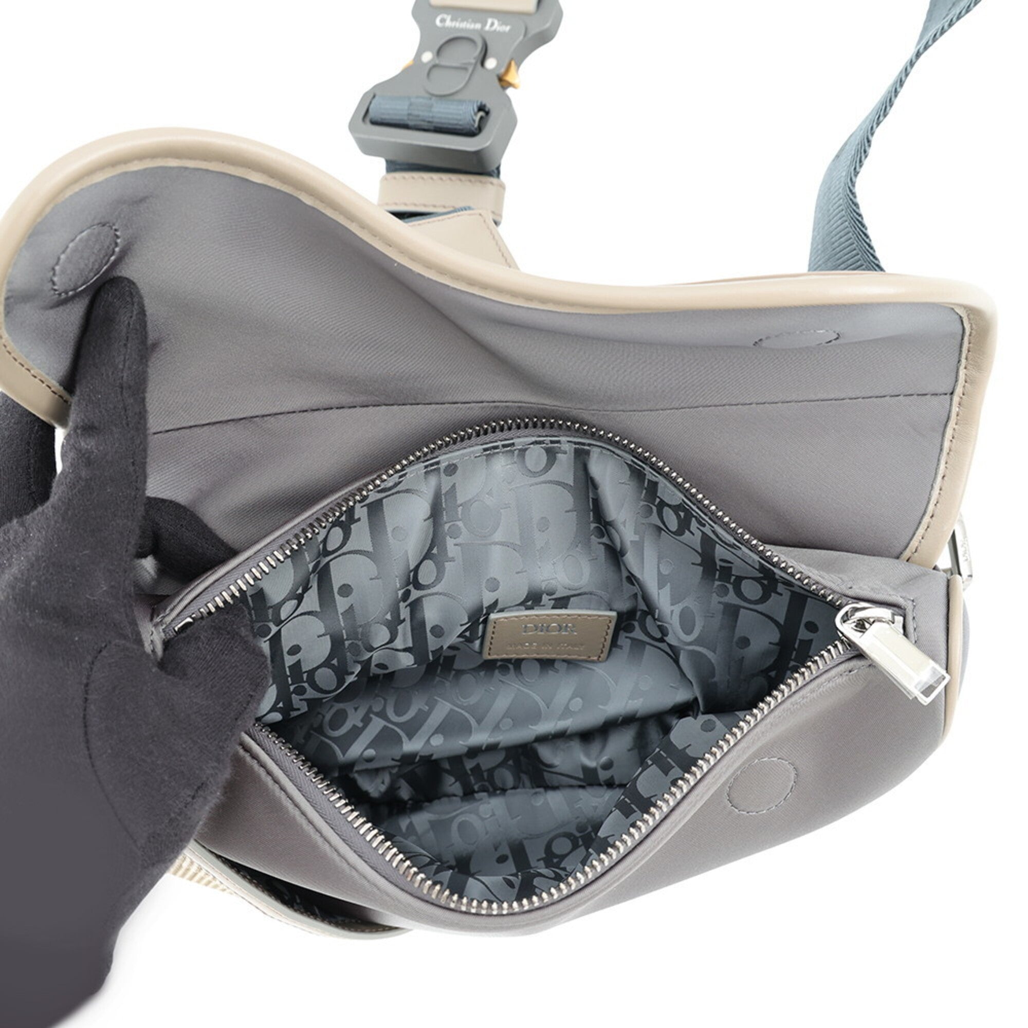 Christian Dior Beige Gray Nylon Rubber Saddle Bag Sling Bag (Pre-Owned)