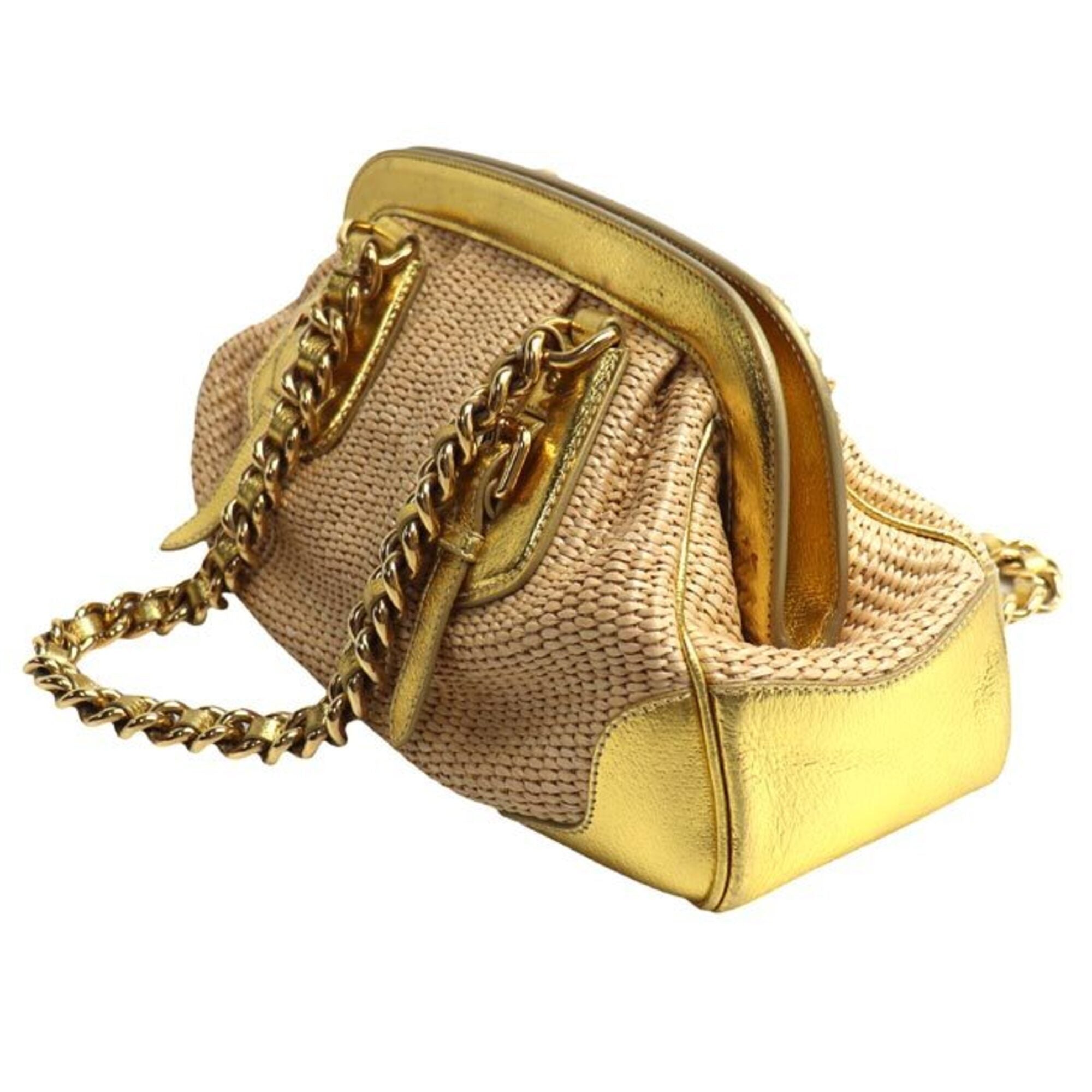 Prada Beige Gold Straw Leather Handbag (Pre-Owned)