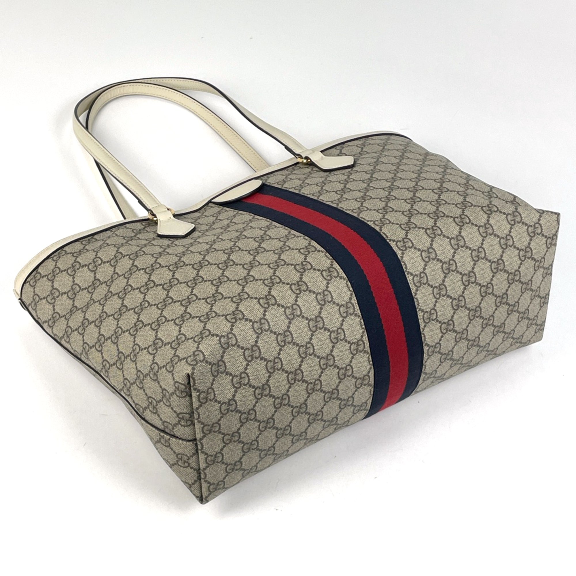 Gucci Beige White Coated Canvas Leather Tote Bag (Pre-Owned)