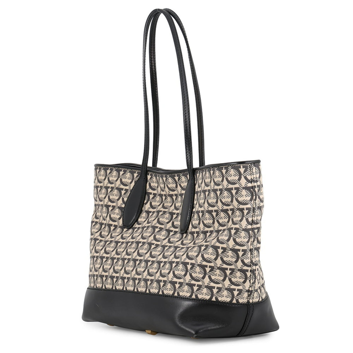 Salvatore Ferragamo Beige Black Canvas Leather Handbag Pouch Tote Bag (Pre-Owned)