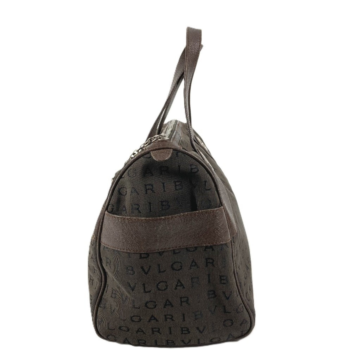 Bvlgari Logomania Brown Leather Canvas Boston Bag Handbag Tote Bag (Pre-Owned)