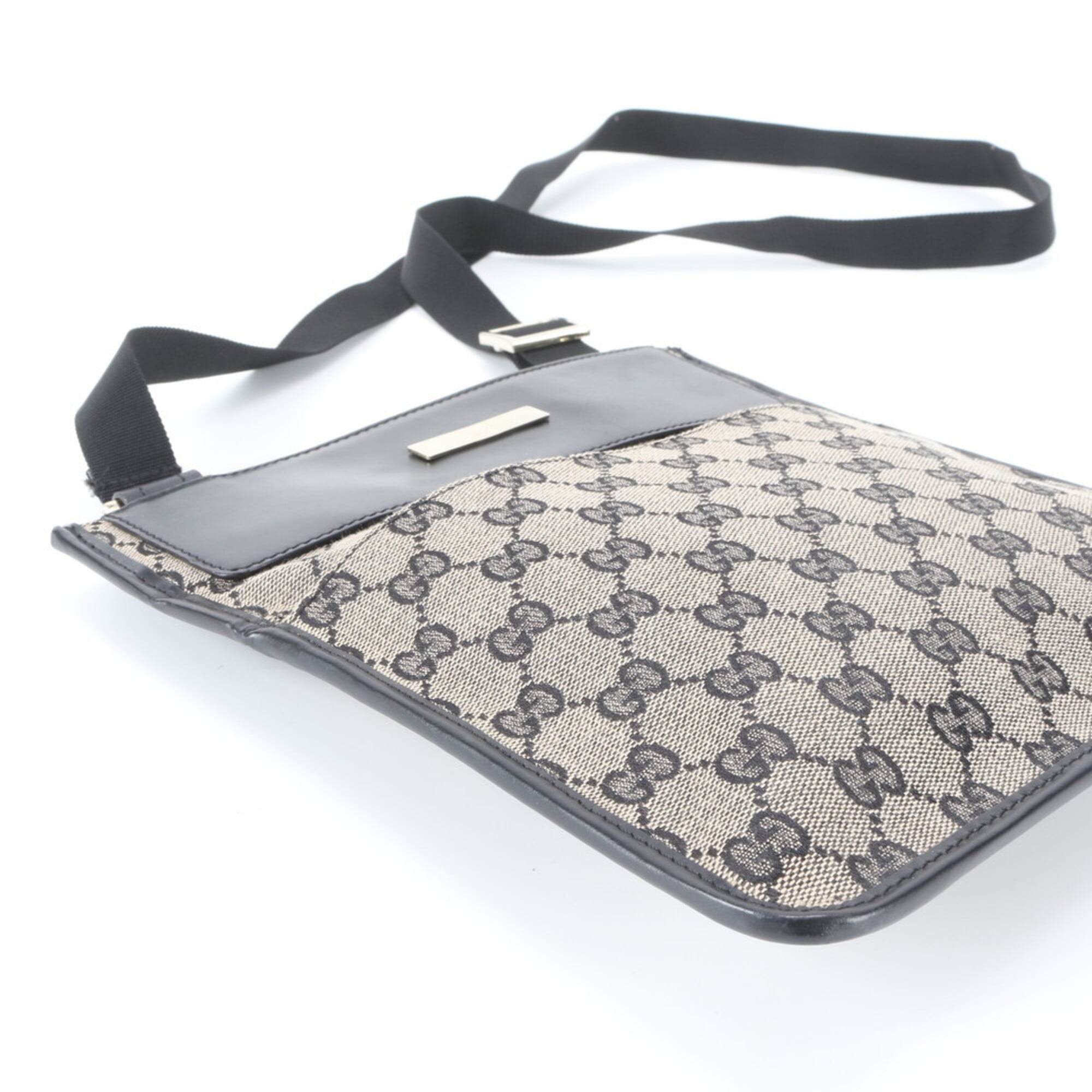 Gucci Black Leather Canvas Messenger Bag Shoulder Bag (Pre-Owned)