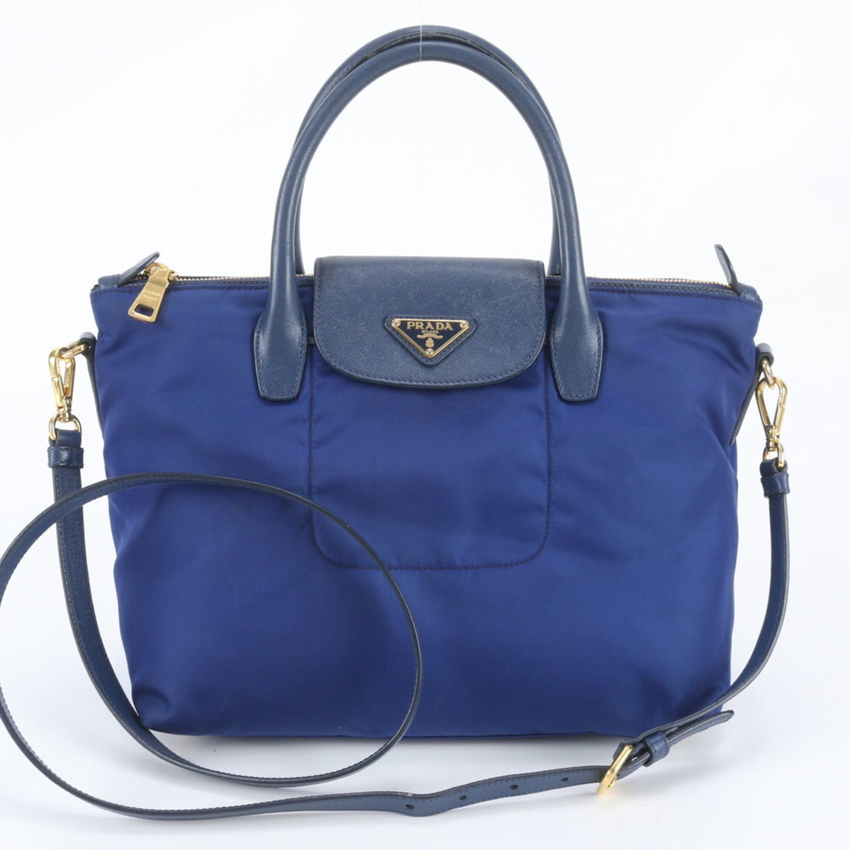 Prada Blue Leather Nylon Handbag Shoulder Bag Tote Bag (Pre-Owned)