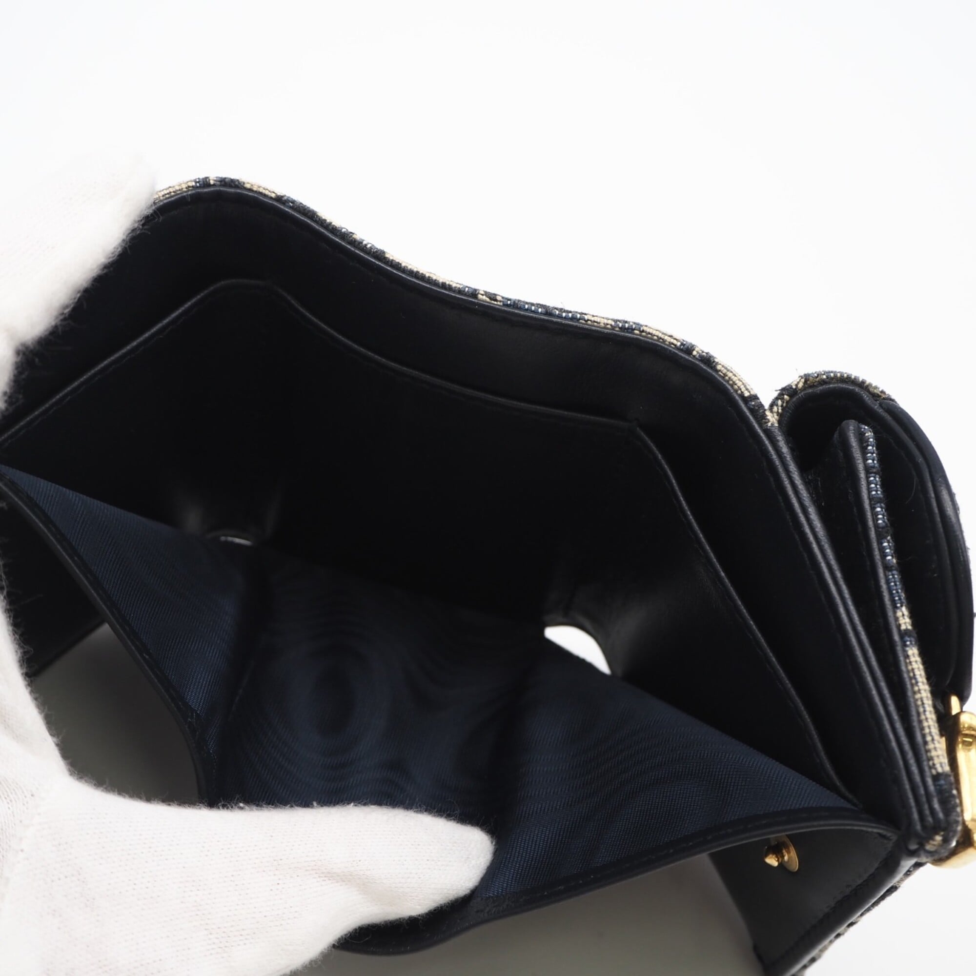Christian Dior Beige Navy Canvas Leather Wallet (Tri-Fold) (Pre-Owned)
