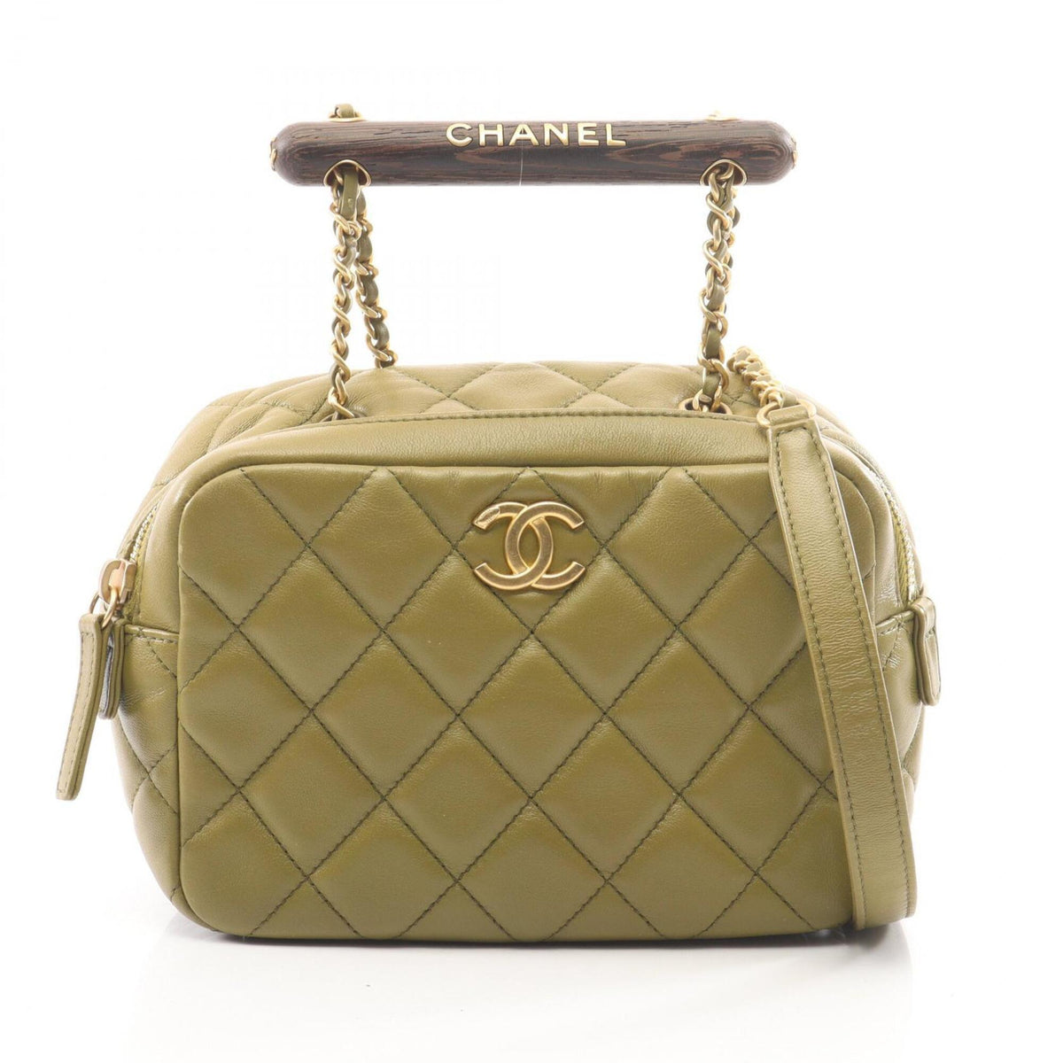 Chanel Khaki Leather Handbag Shoulder Bag (Pre-Owned)