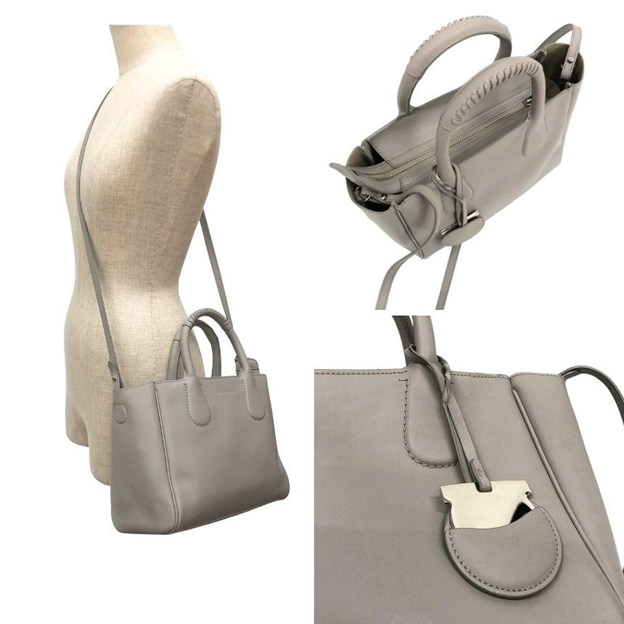 Salvatore Ferragamo Gray Leather Shoulder Bag Tote Bag (Pre-Owned)