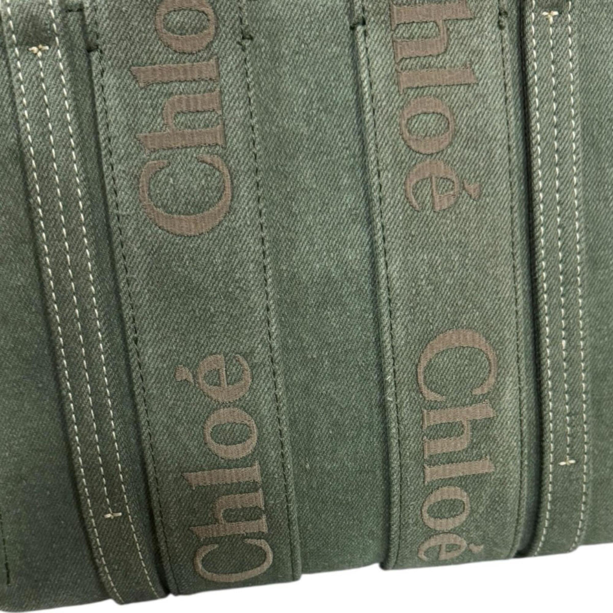 Chloé Green Khaki Cotton Linen Shoulder Bag Tote Bag (Pre-Owned)