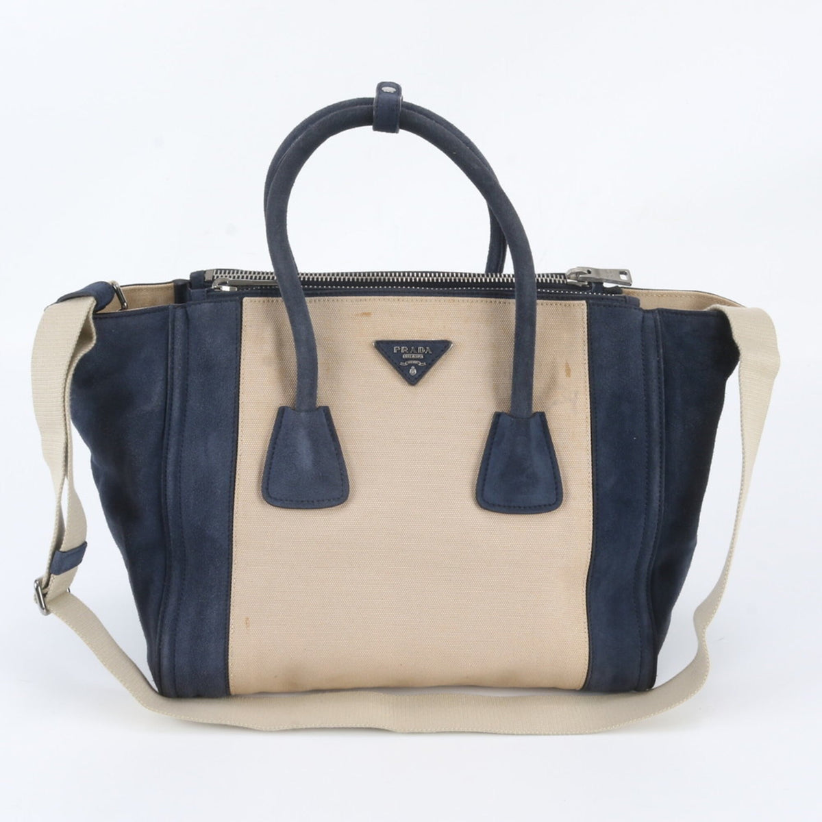 Prada Beige Navy Leather Canvas Handbag Shoulder Bag Tote Bag (Pre-Owned)