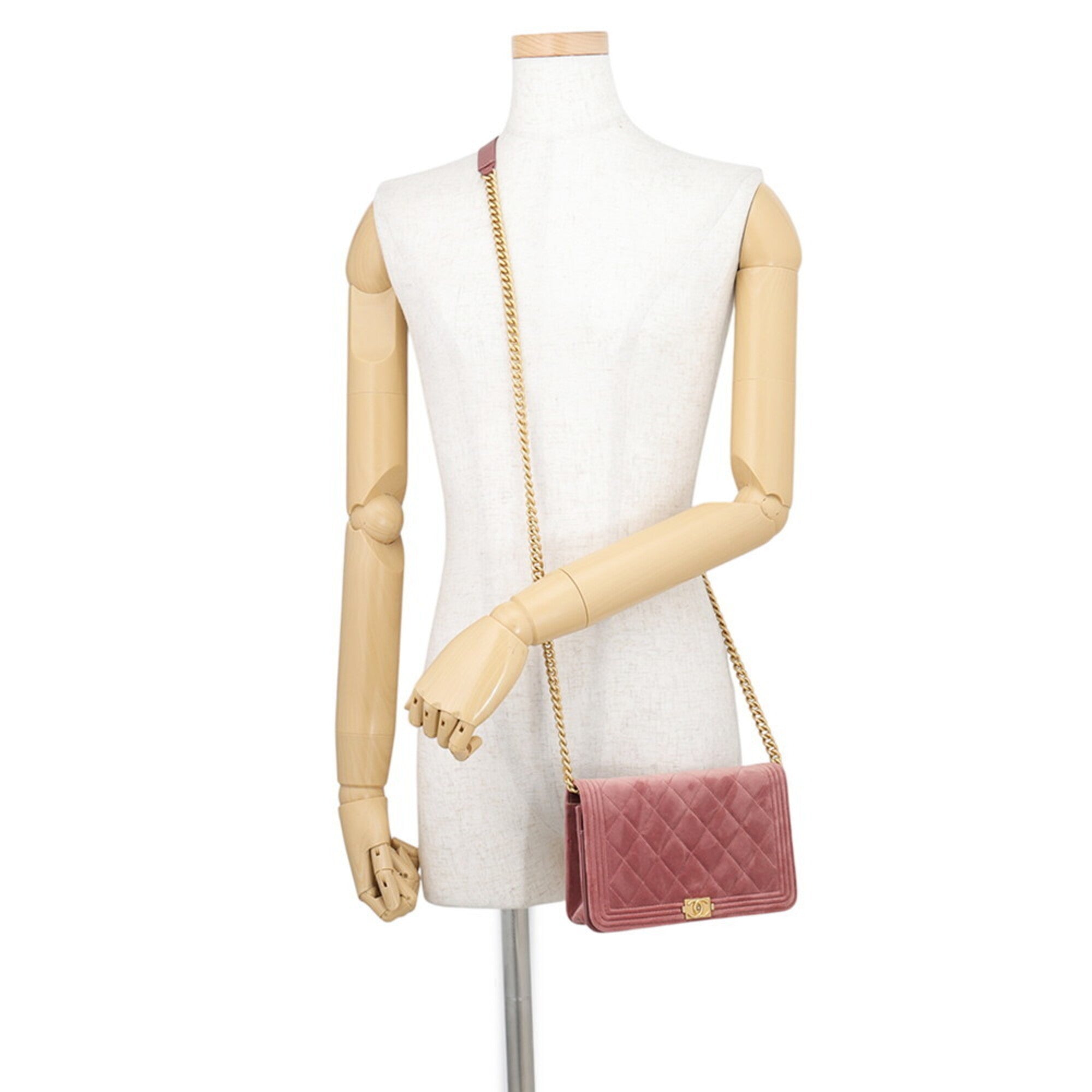 Chanel Boy Chanel Pink Velvet Chain/Shoulder Wallet (Pre-Owned)