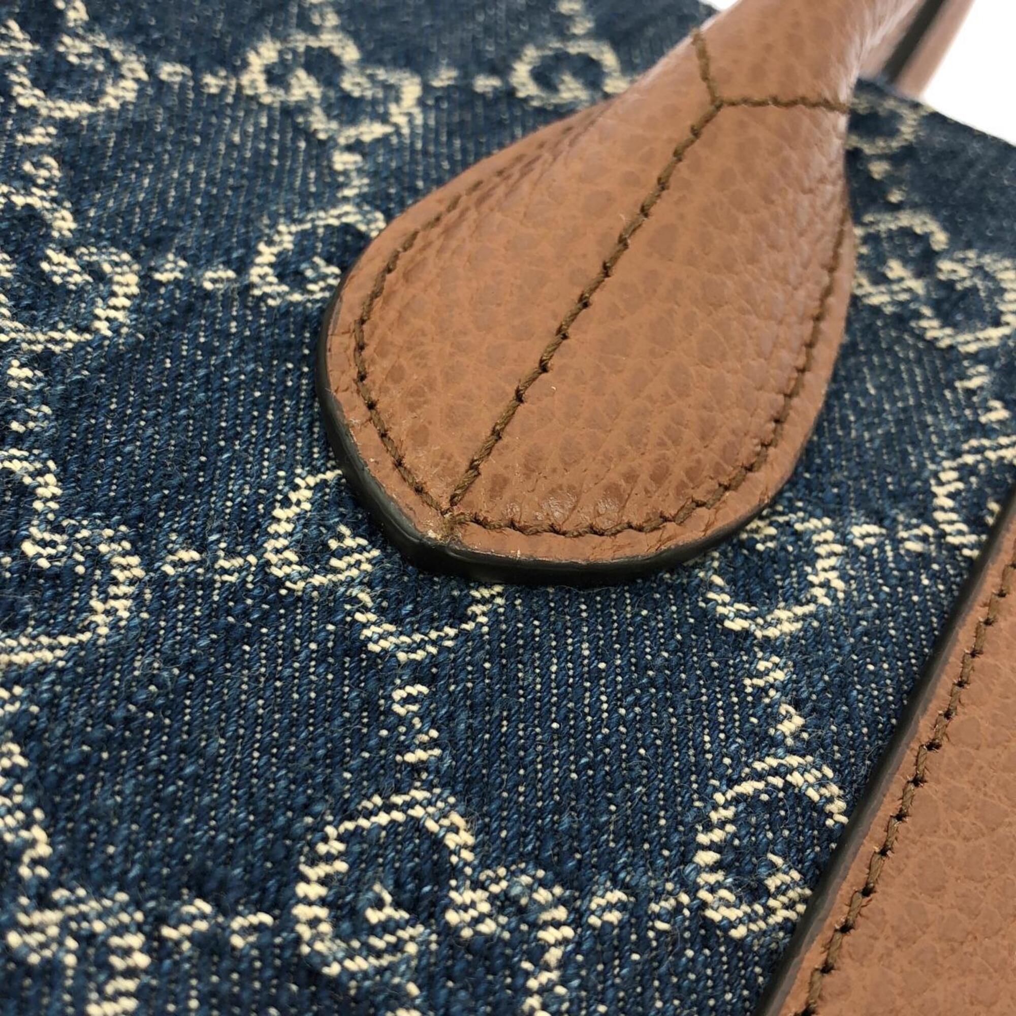 Gucci Brown Dark Blue Jacquard Denim Leather Handbag (Pre-Owned)