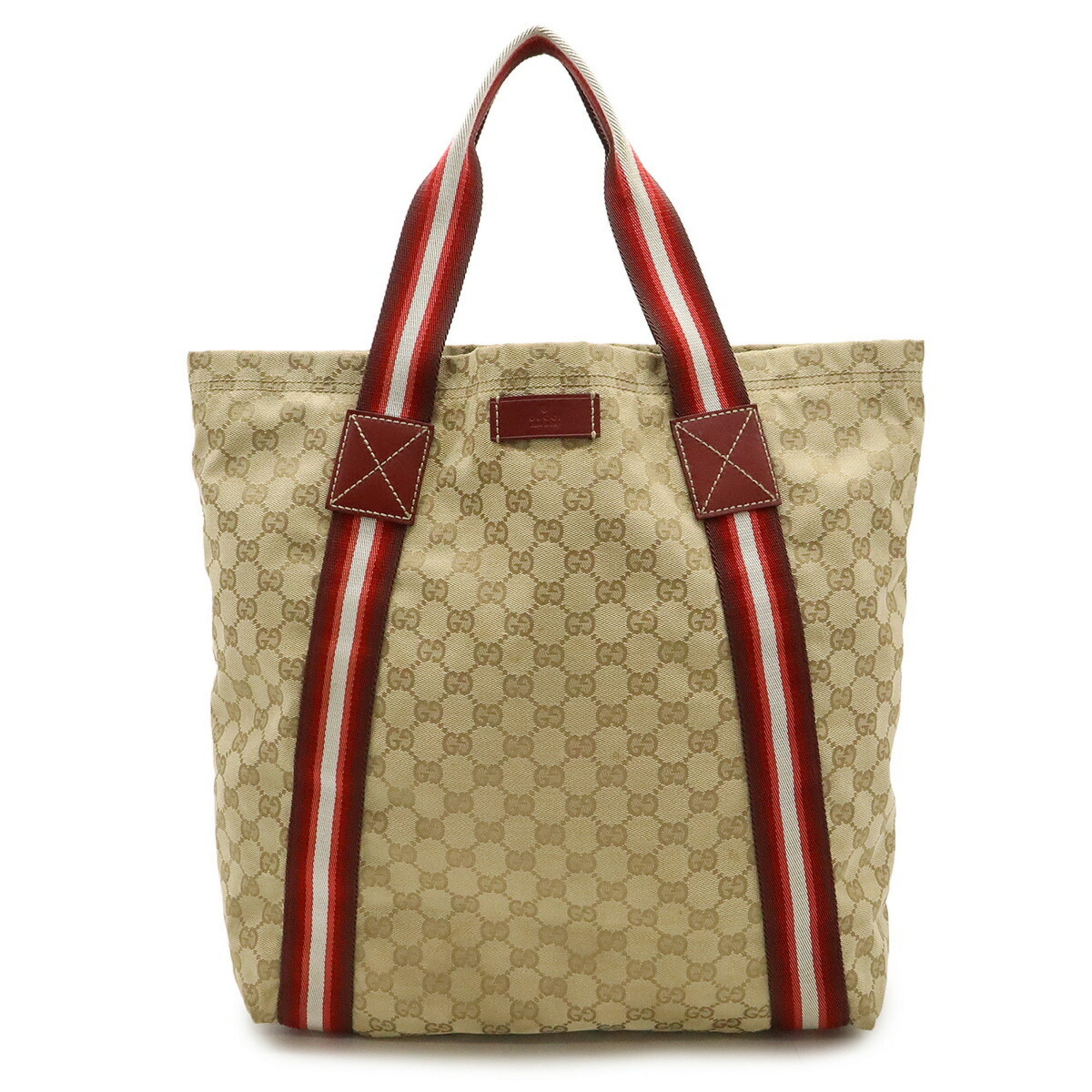 Gucci Beige Multi-Color Red Color Canvas Leather Shoulder Bag Tote Bag (Pre-Owned)