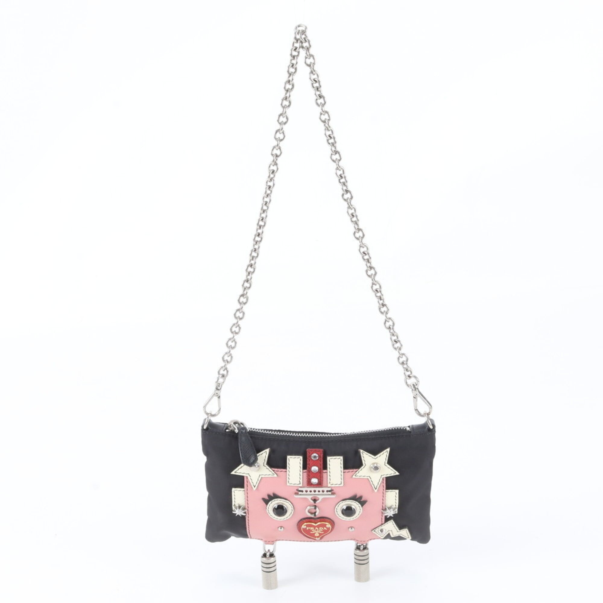 Prada Black Pink Leather Nylon Clutch Bag Shoulder Bag (Pre-Owned)