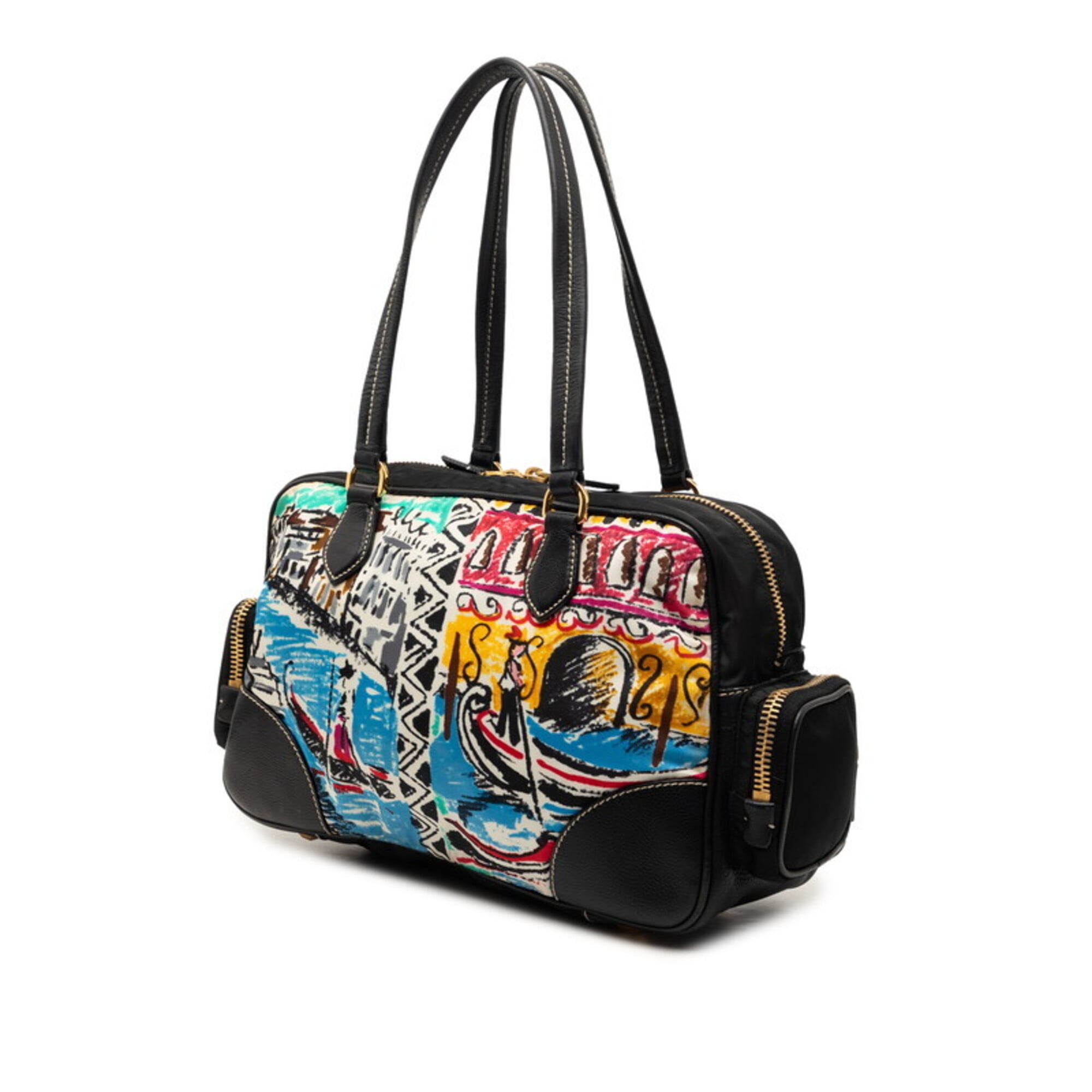 Prada Black Multi-Color Nylon Leather Handbag (Pre-Owned)