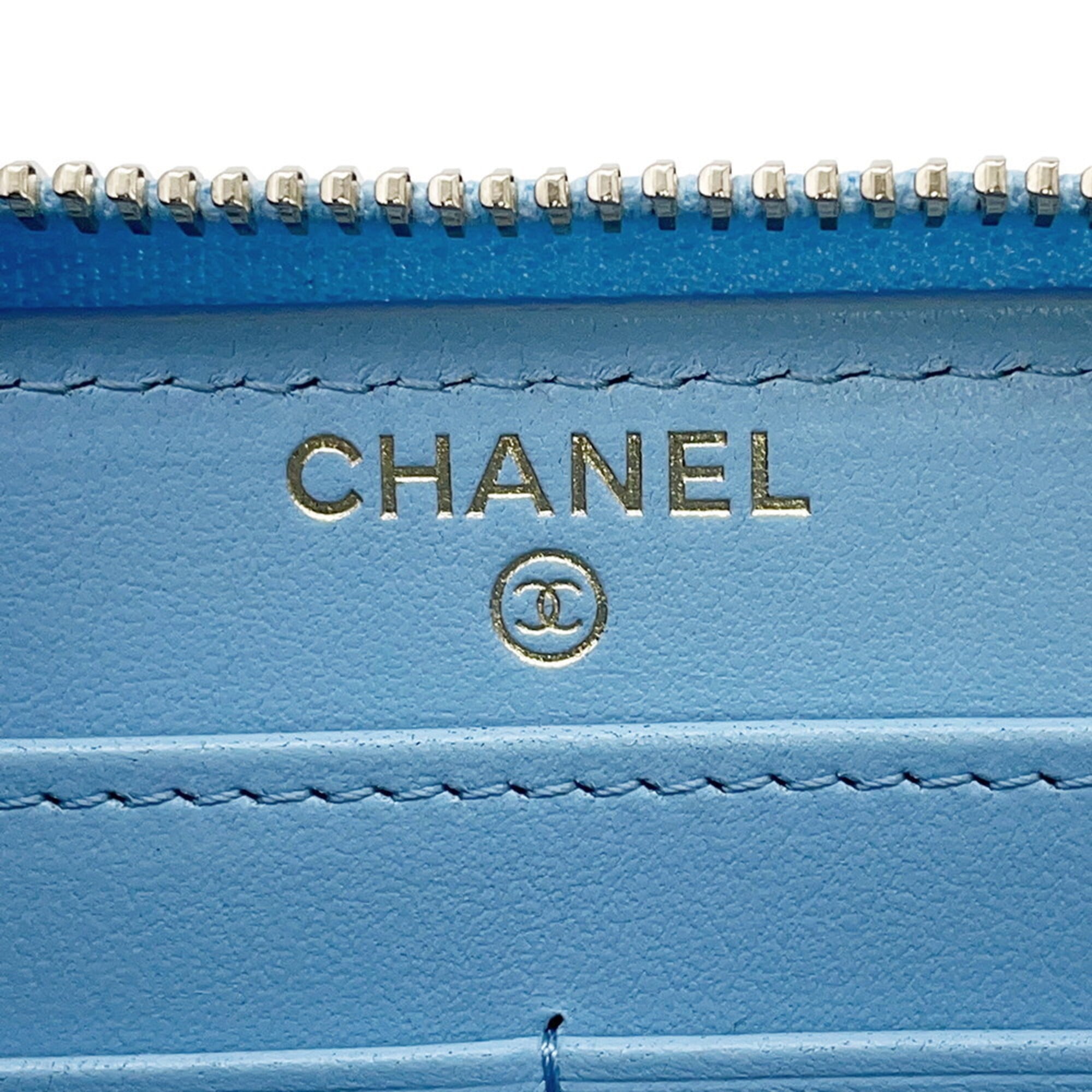 Chanel Light Blue Leather Long Wallet (Bi-Fold) (Pre-Owned)