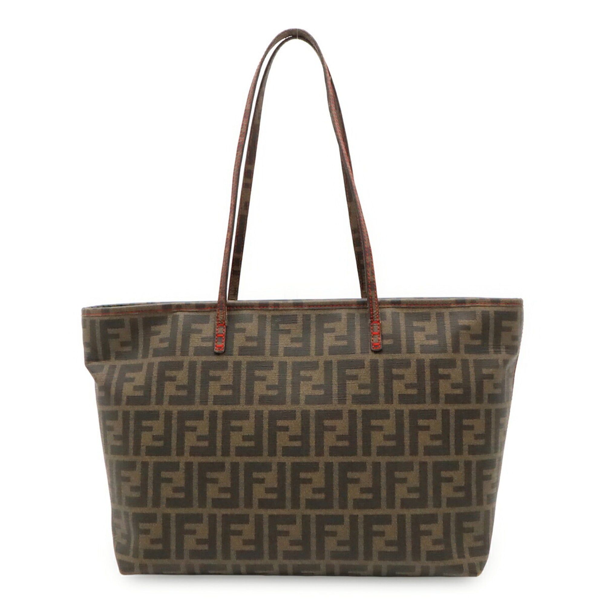 Fendi Dark Brown Khaki Brown Red Color Coated Canvas Leather Shoulder Bag Tote Bag (Pre-Owned)