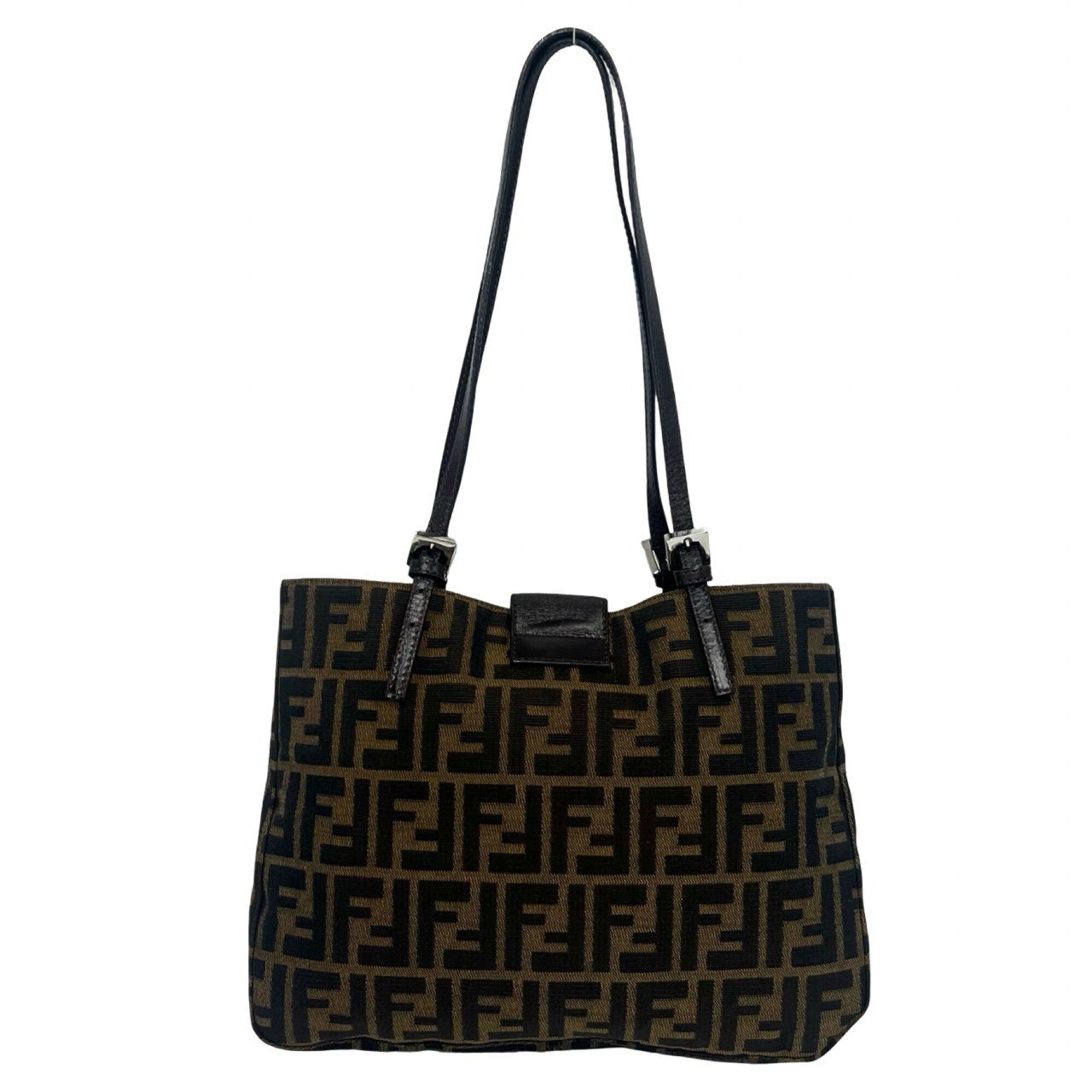 Fendi Black Brown Canvas Leather Shoulder Bag Tote Bag (Pre-Owned)