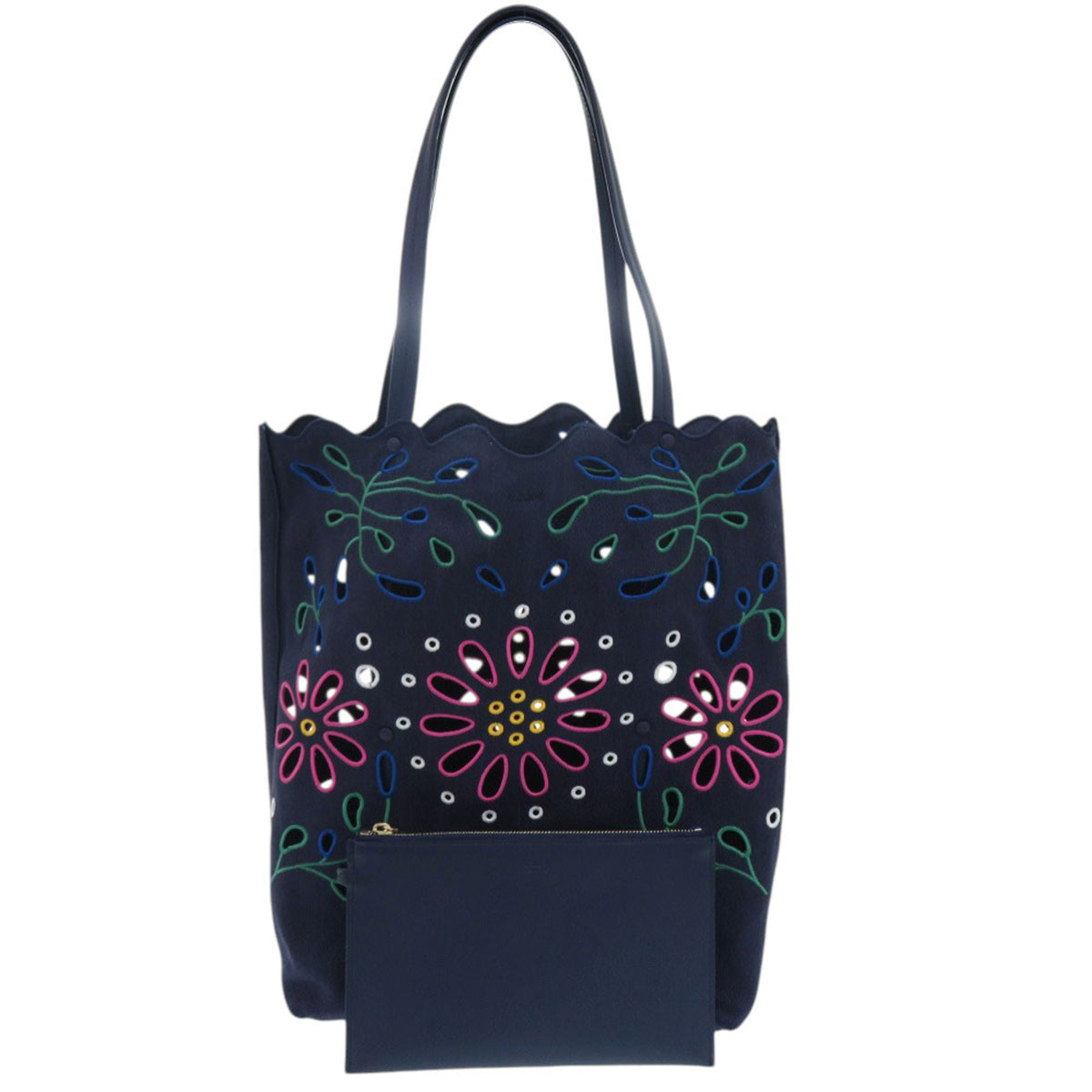Chloé Green Navy Pink Linen Pouch Tote Bag (Pre-Owned)