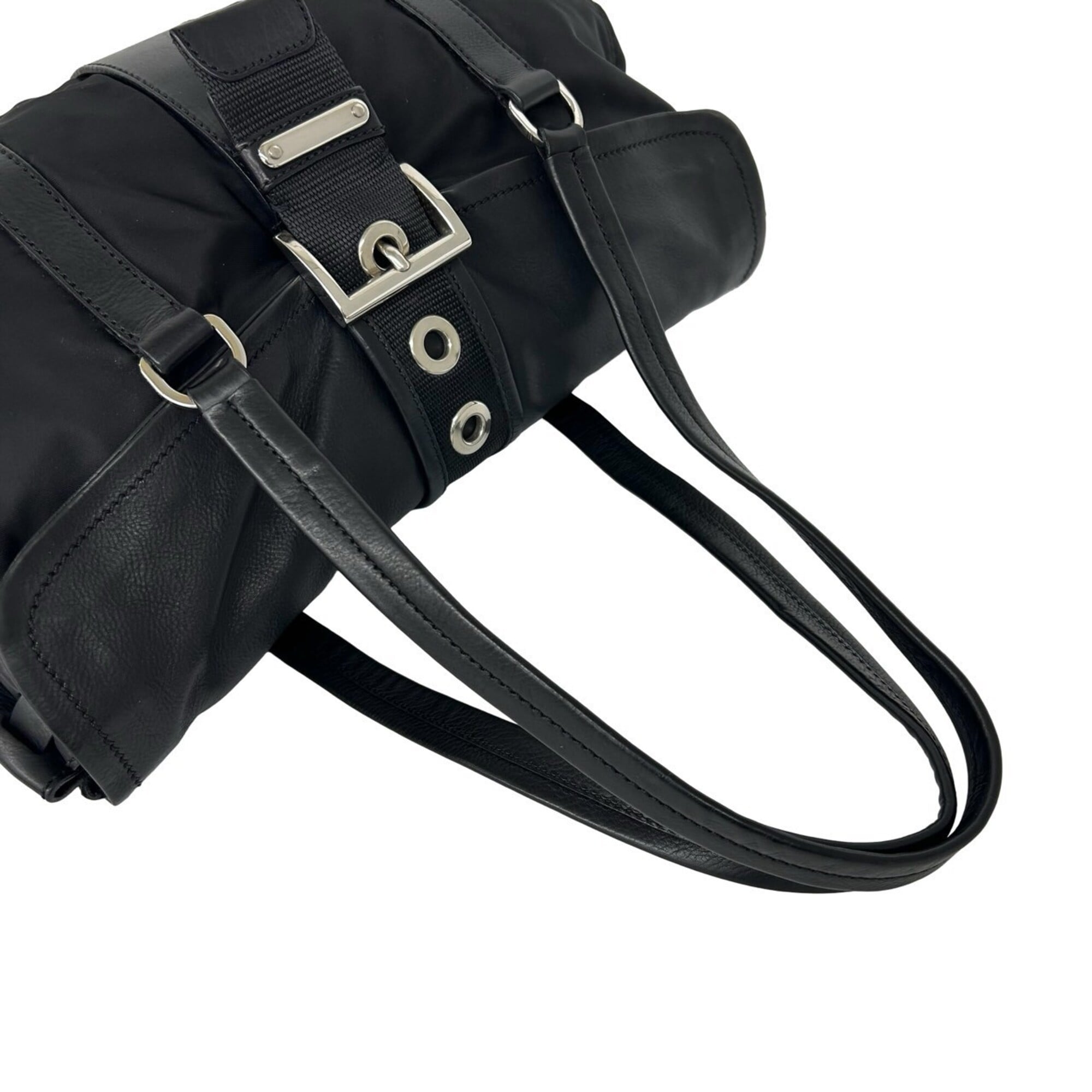 Prada Black Nylon Leather Shoulder Bag Tote Bag (Pre-Owned)