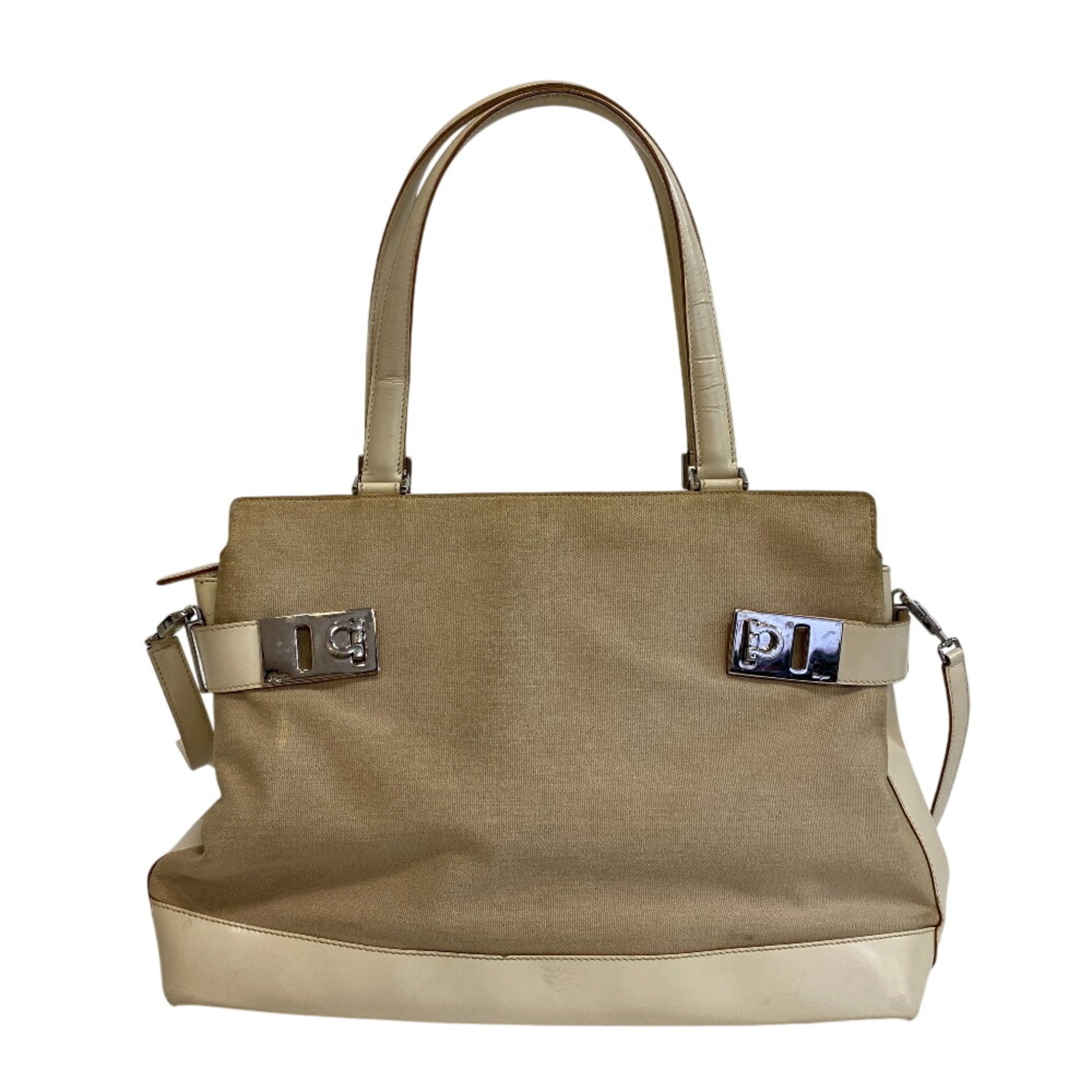 Salvatore Ferragamo Beige White Canvas Leather Handbag Shoulder Bag (Pre-Owned)
